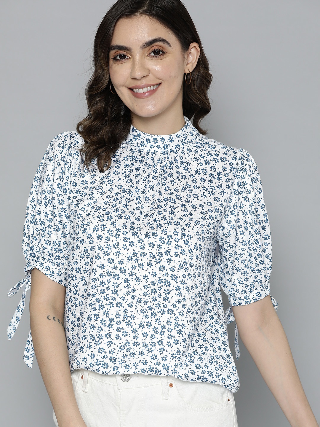 

M&H Our Water Floral Print Puff Sleeves Top, White