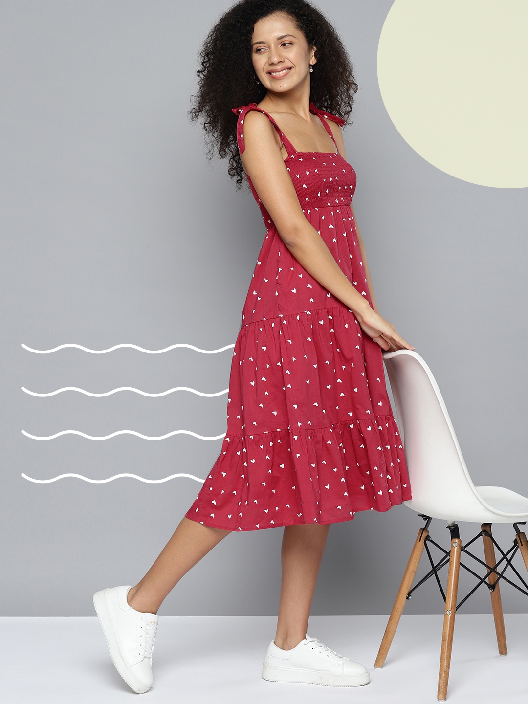 

Mast & Harbour Pure Cotton Heart Print Smocked Tiered A-Line Midi Dress, Pink