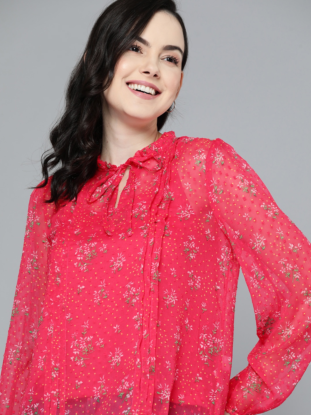 

Mast & Harbour Floral Print Dobby Weave Top with Inner, Pink