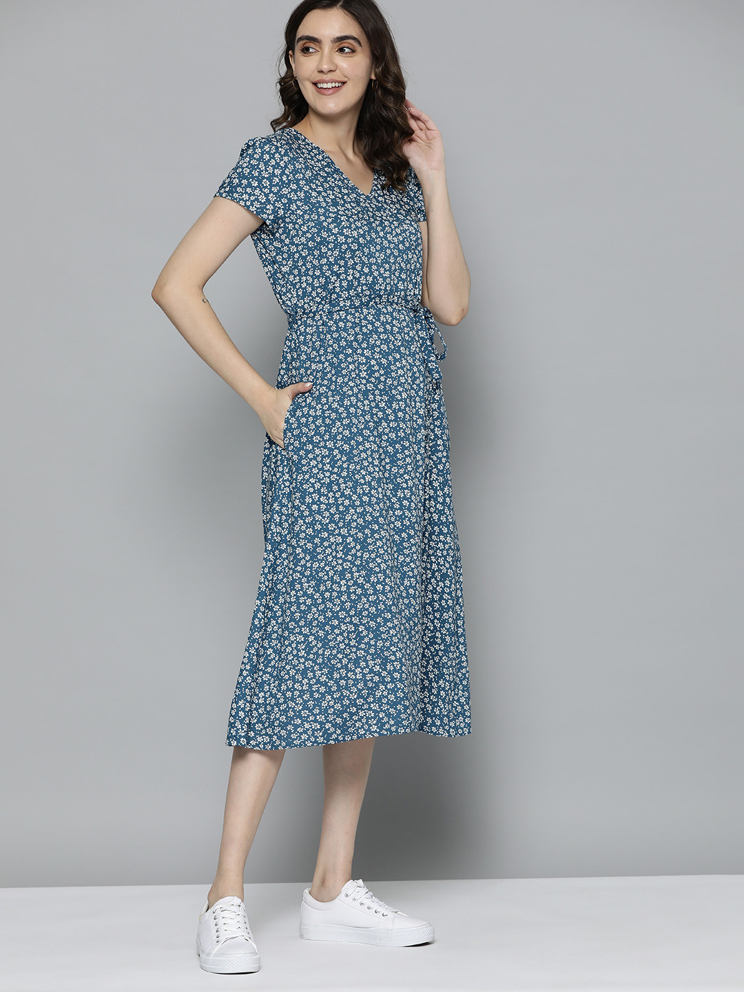 

M&H Our Water Floral Print Midi Wrap Style Sustainable Dress, Blue