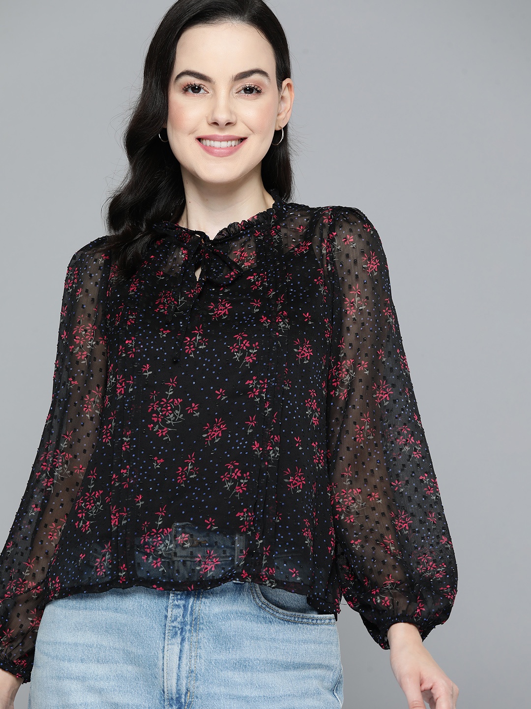 

Mast & Harbour Floral Print Dobby Weave Top with Inner, Black