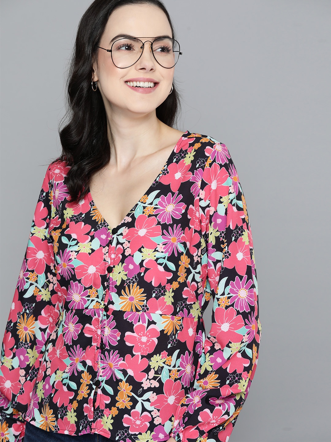 

Mast & Harbour Floral Print Puff Sleeve Top, Black