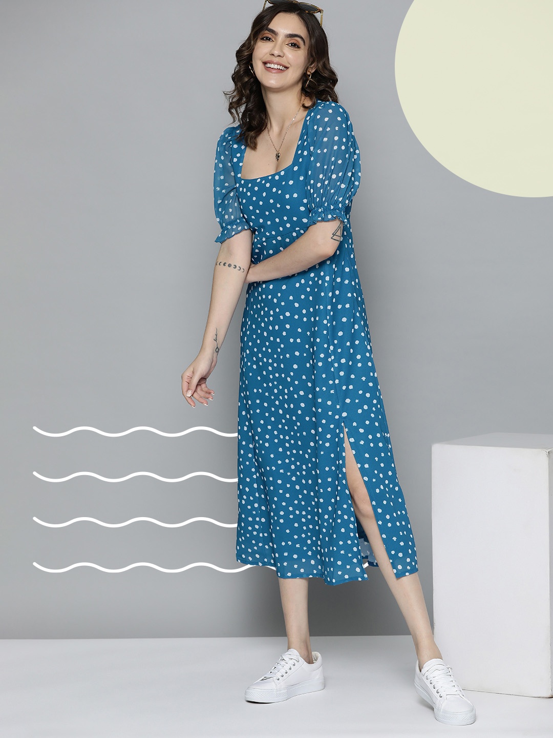 

Mast & Harbour Polka Dot Print Puff Sleeve A-Line Midi Dress, Teal