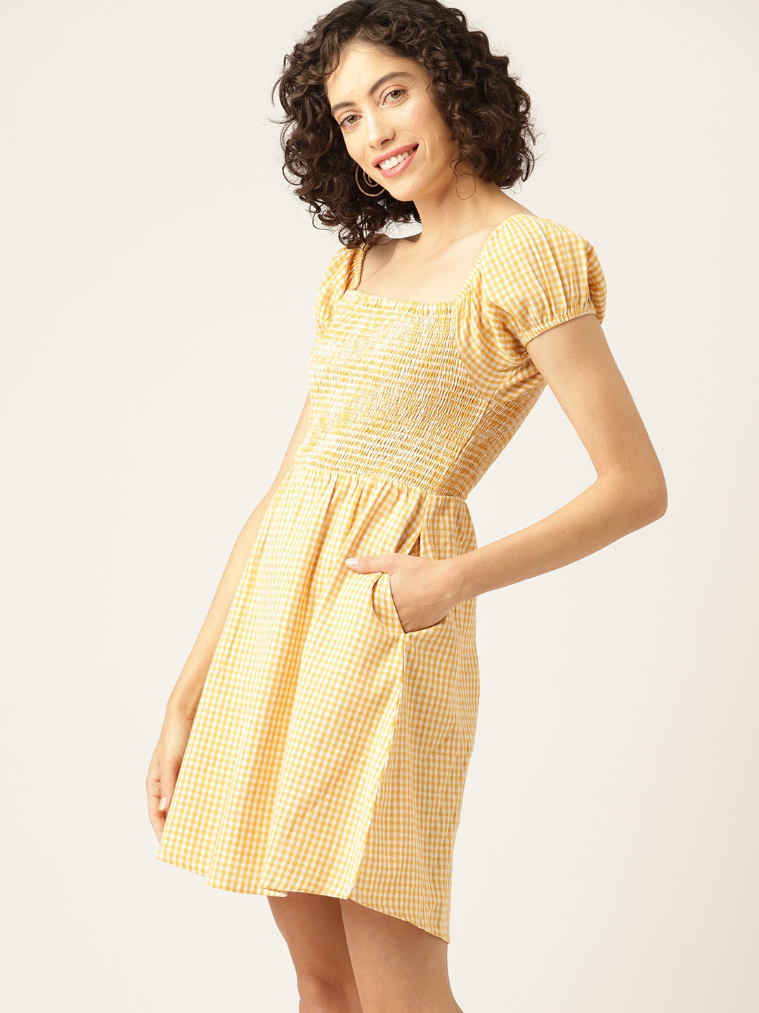 

Mast & Harbour Pure Cotton Smocked Checked Puff Sleeve A-Line Dress, Mustard