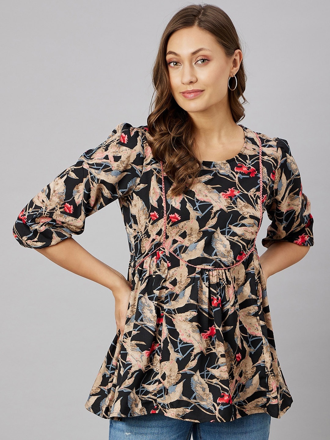 

Azira Floral Printed Gathered Detail A-Line Top, Black