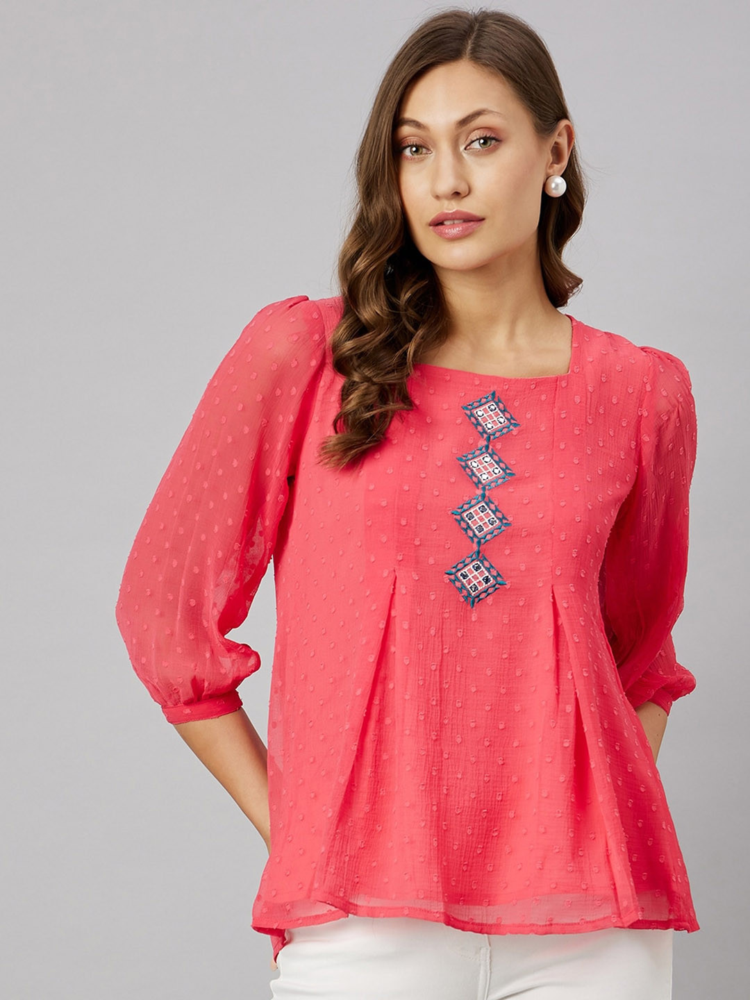 

Azira Self Design Embroidered Puff Sleeve A-Line Top, Pink