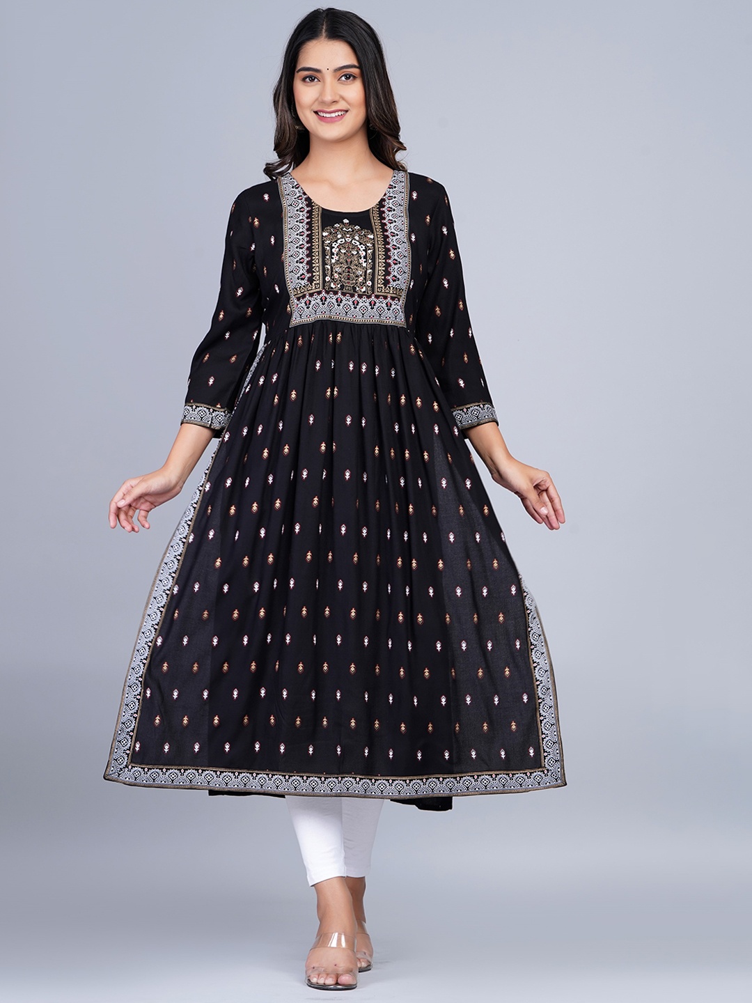 

SkyaSia Ethnic Motifs Printed Pleated A-Line Kurta, Black