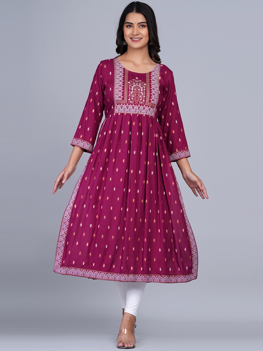 

SkyaSia Ethnic Motifs Printed Pleated A-Line Kurta, Magenta