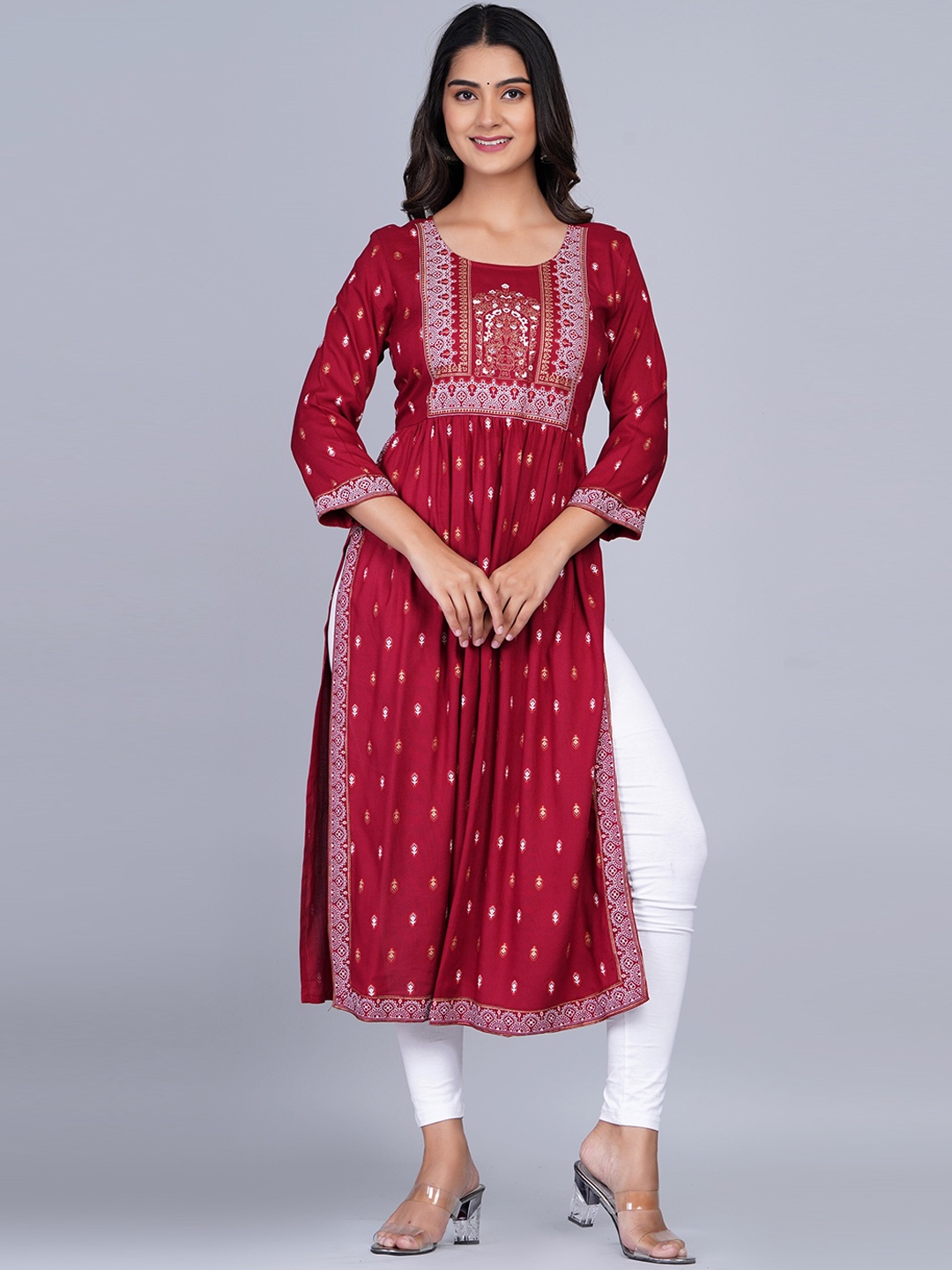 

SkyaSia Ethnic Motifs Printed A-Line Kurta, Maroon