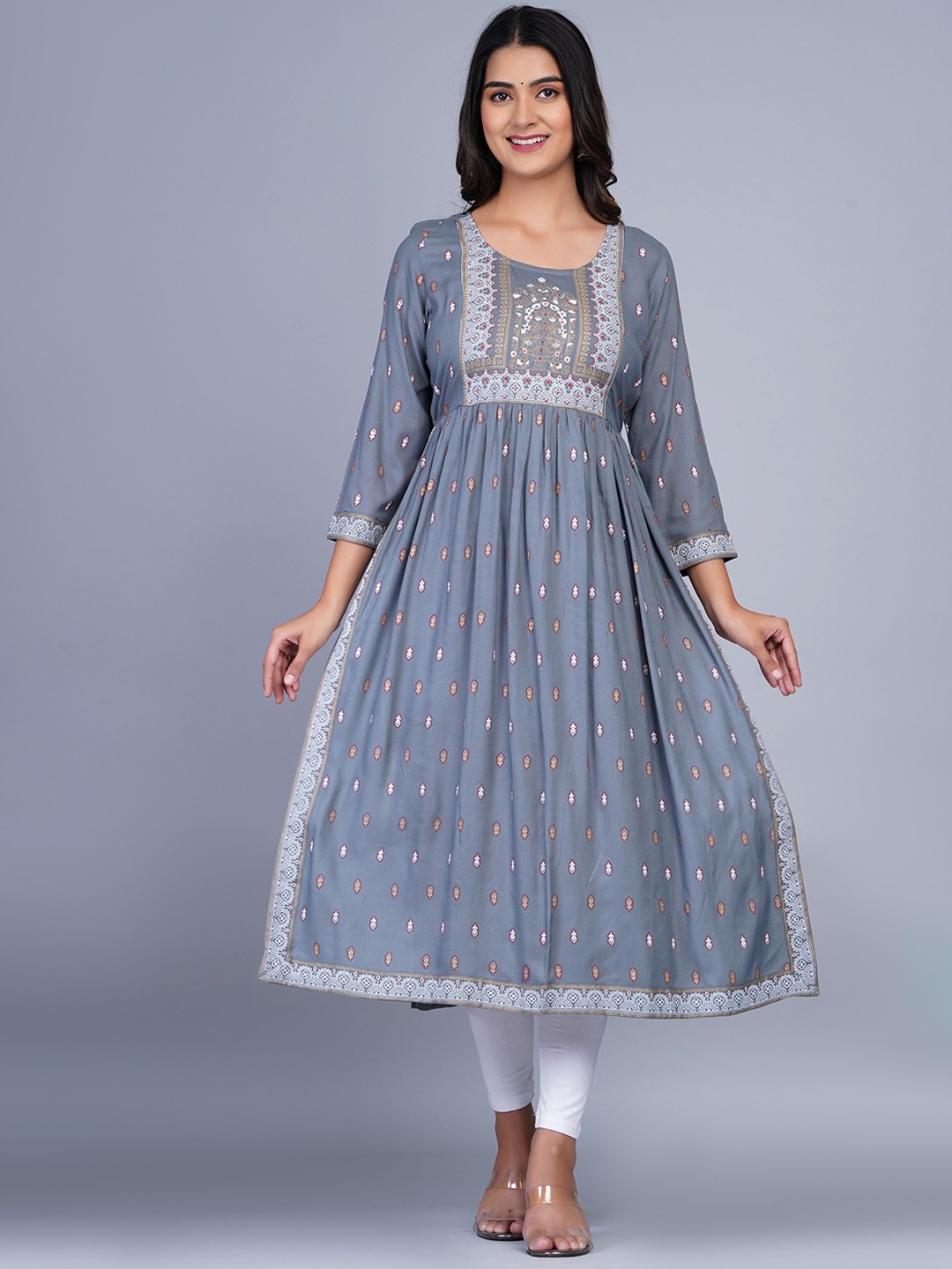 

SkyaSia Ethnic Motifs Printed A-Line Kurta, Grey
