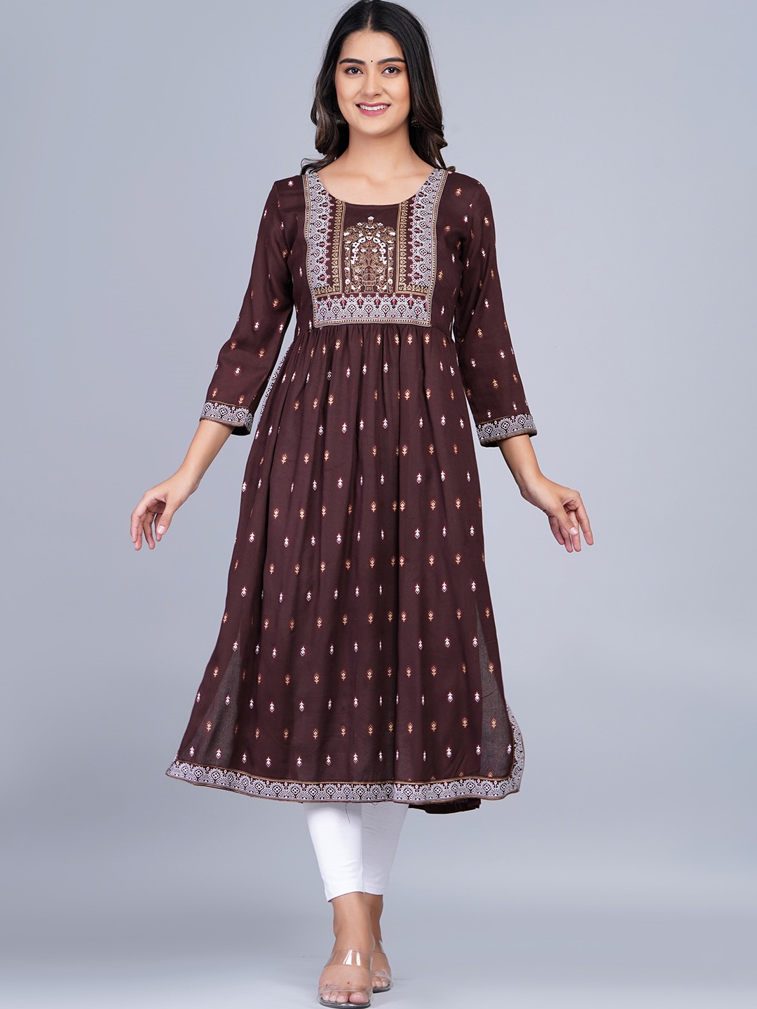 

SkyaSia Ethnic Motifs Printed A-Line Kurta, Brown