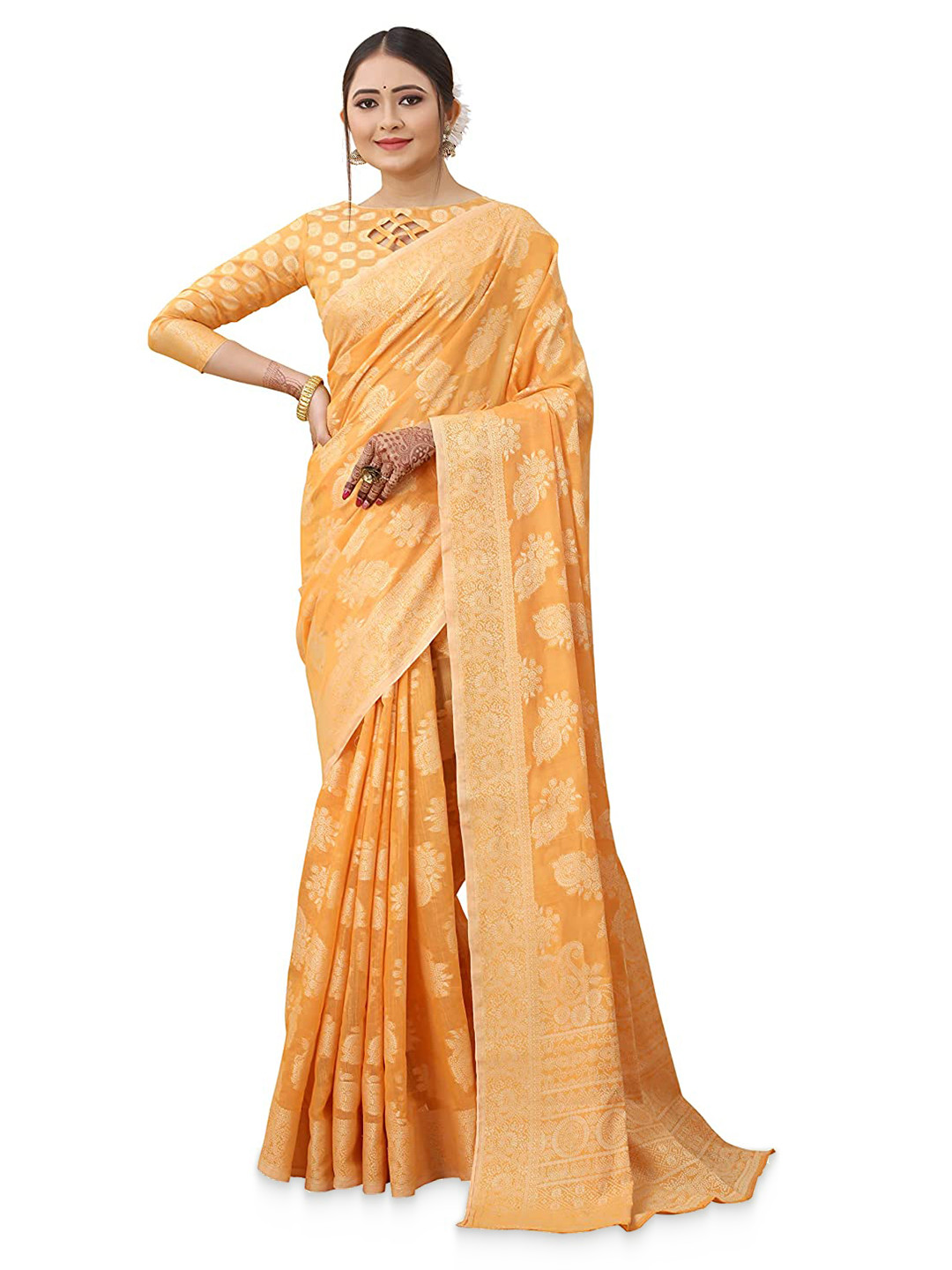 

VSaree Ethnic Motif Woven Design Zari Silk Cotton Saree, Yellow