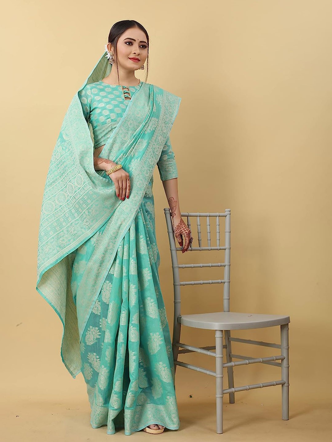 

VSaree Ethnic Motif Woven Design Zari Silk Cotton Saree, Turquoise blue