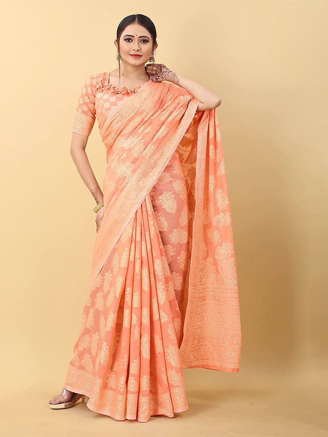 

VSaree Ethnic Motif Woven Design Zari Silk Cotton Saree, Peach