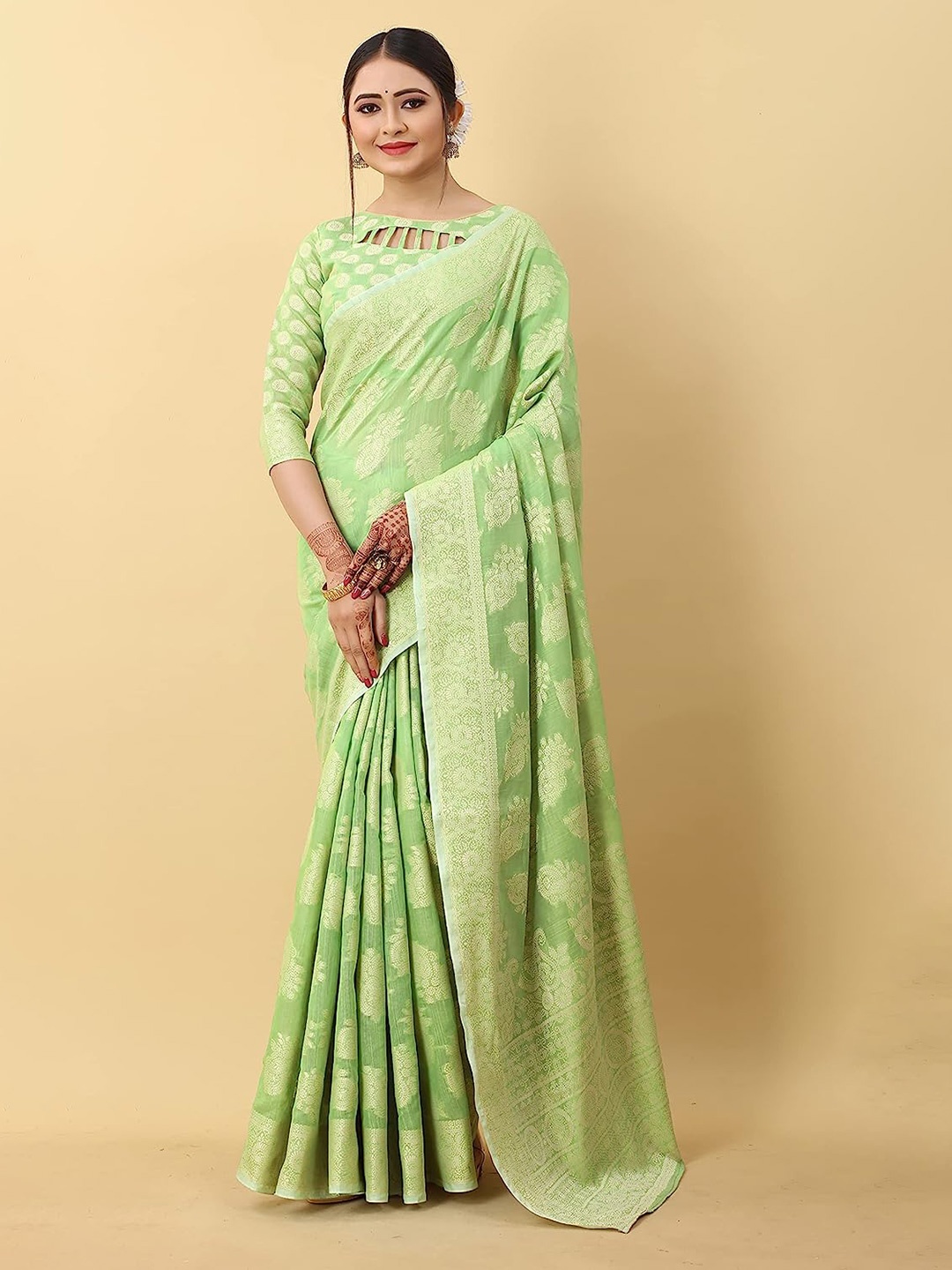 

VSaree Ethnic Motif Woven Design Zari Silk Cotton Saree, Sea green