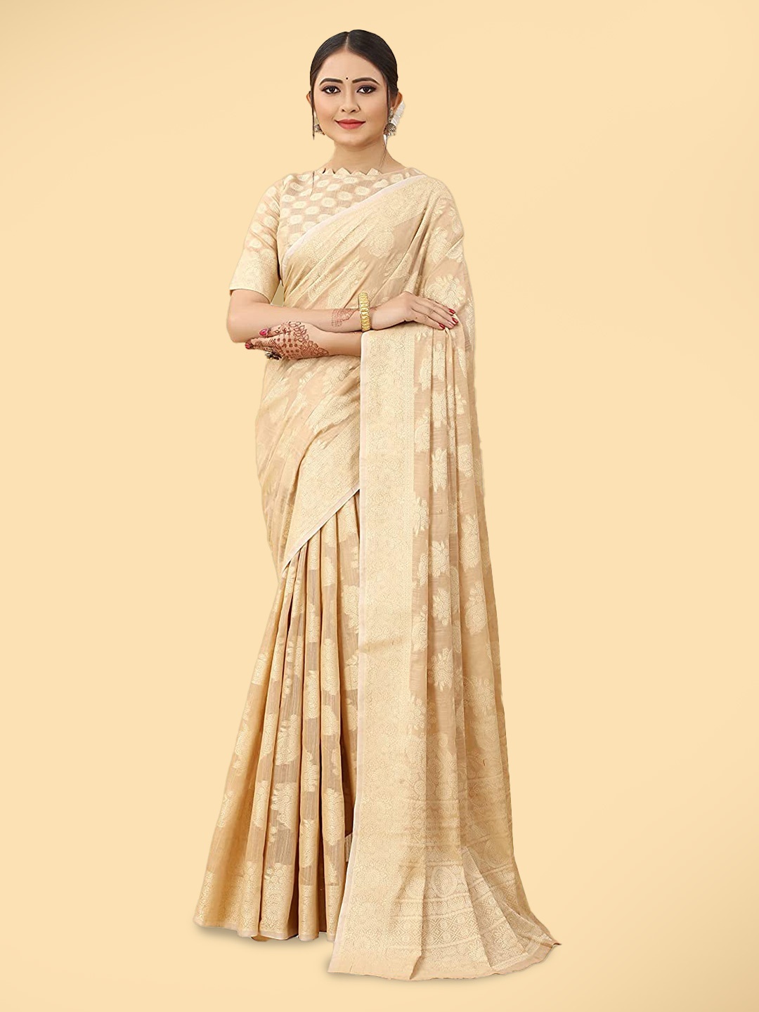

VSaree Ethnic Motif Woven Design Zari Silk Cotton Saree, Cream