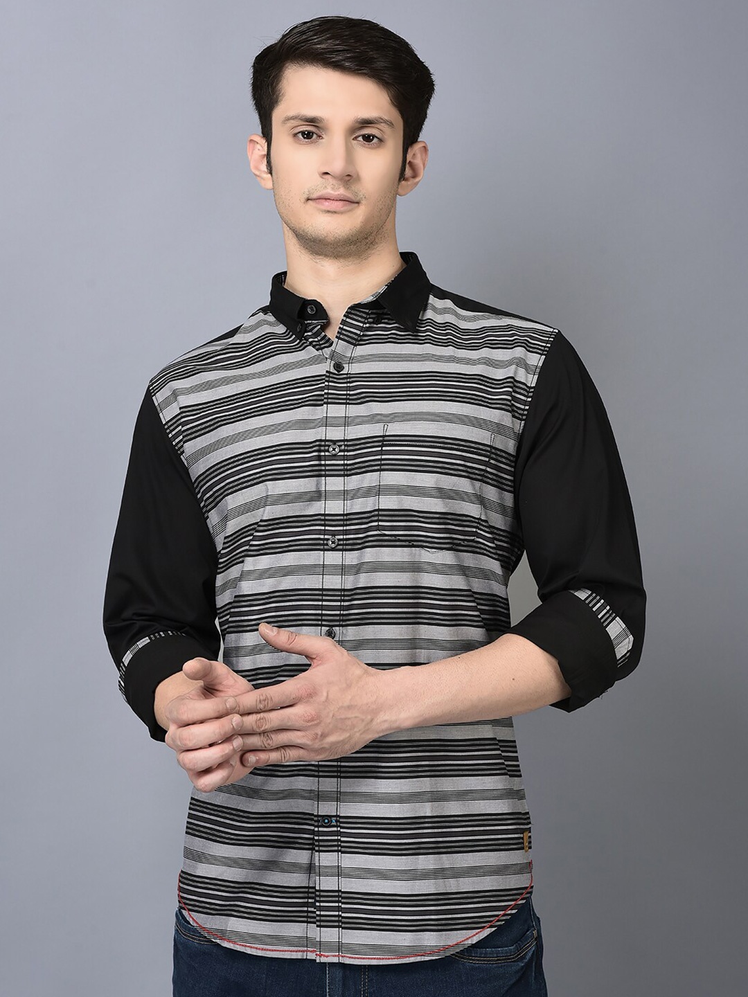 

CANOE Smart Striped Pure Cotton Casual Shirt, Black