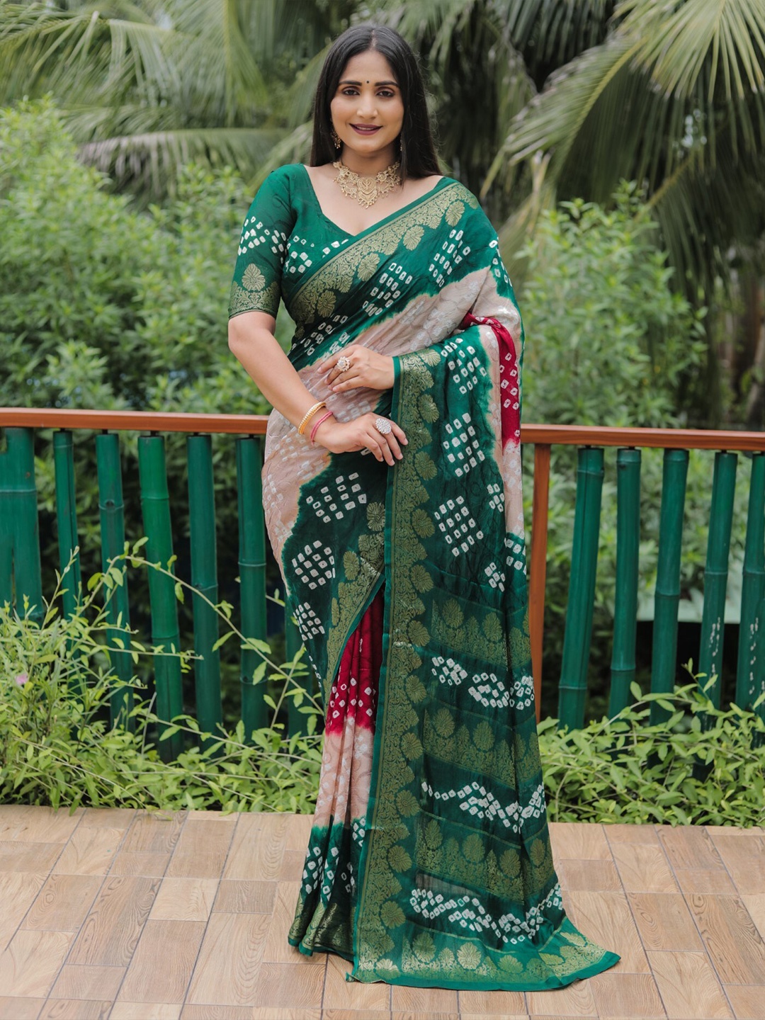 

Mitera Green & Cream Bandhani Printed Zari Silk Saree