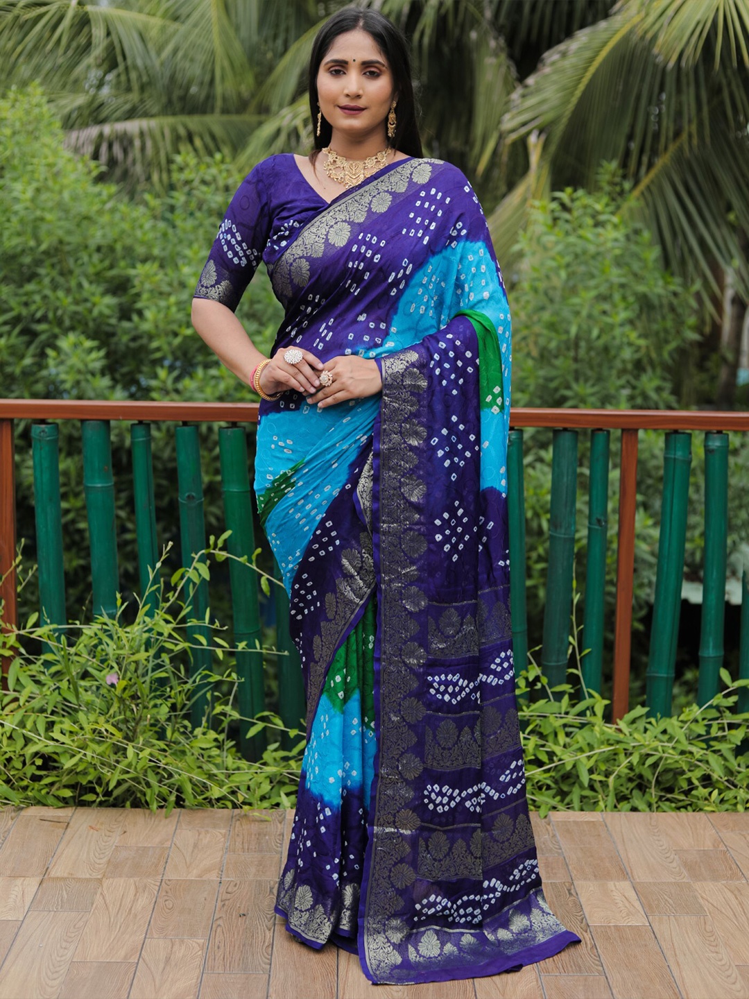 

Mitera Blue & Green Bandhani Printed Zari Silk Saree