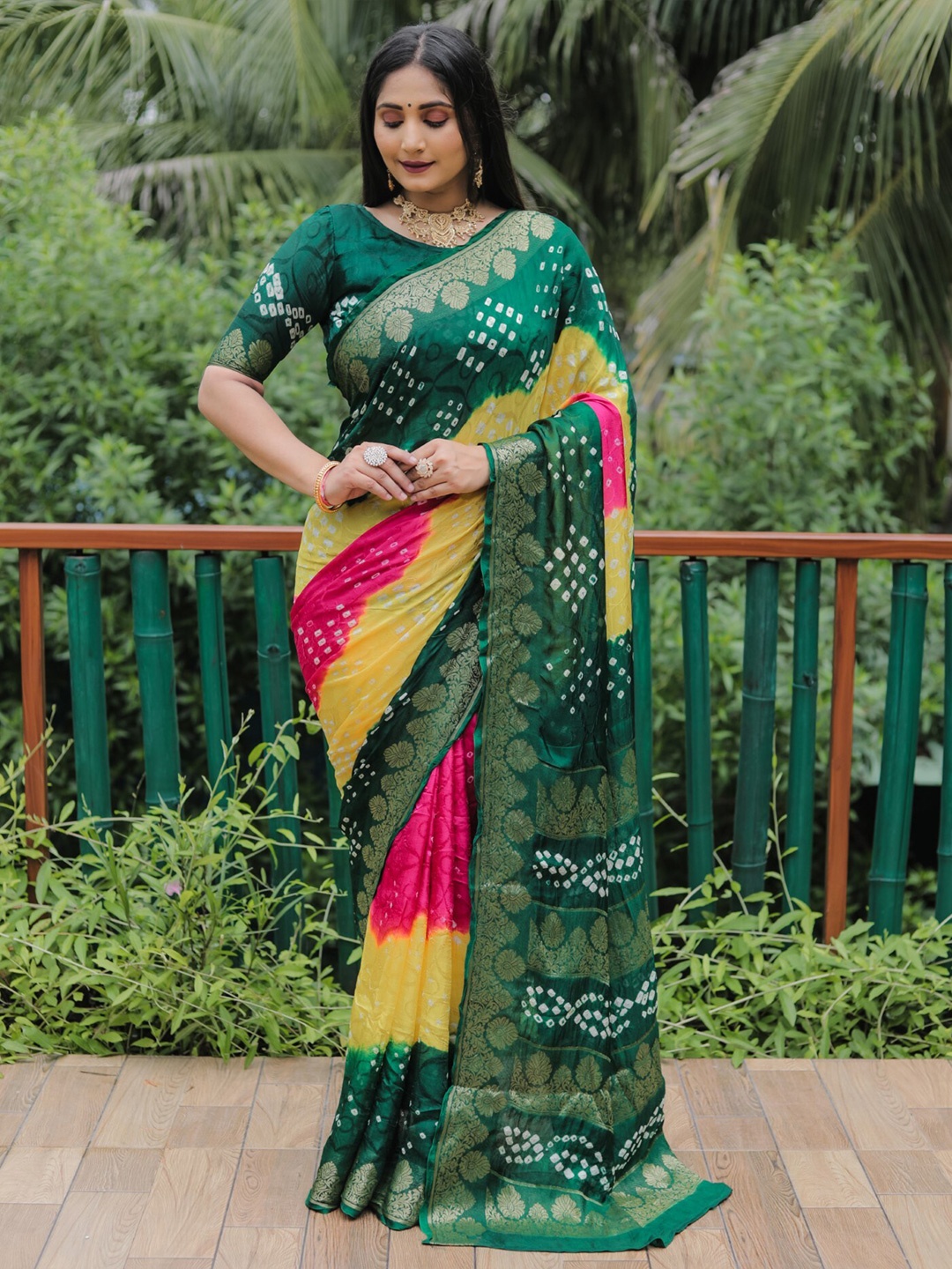 

Mitera Green & Yellow Bandhani Printed Zari Silk Saree