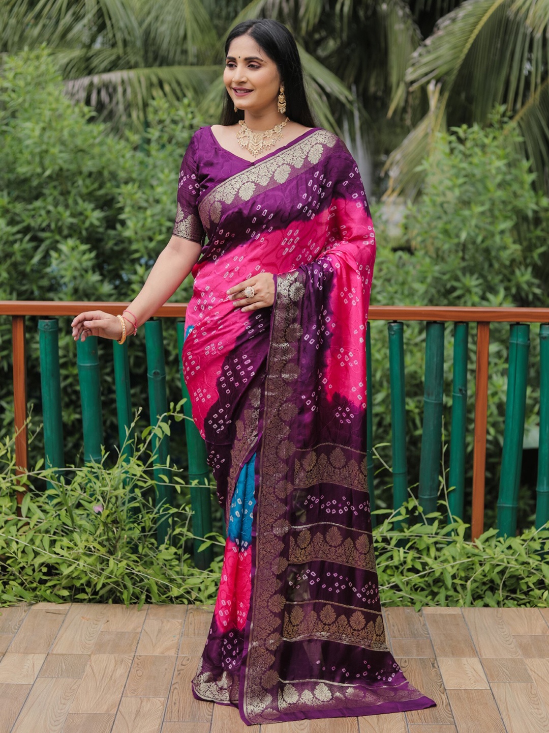 

Mitera Pink & Purple Bandhani Printed Zari Silk Saree