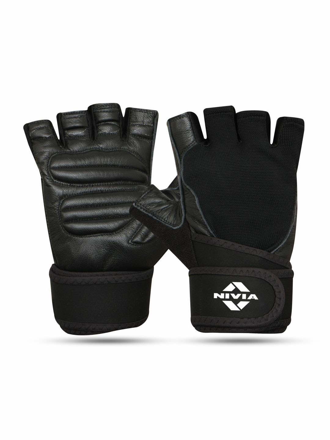 

NIVIA Wrist Grip Genuine Leather Gym Gloves, Black