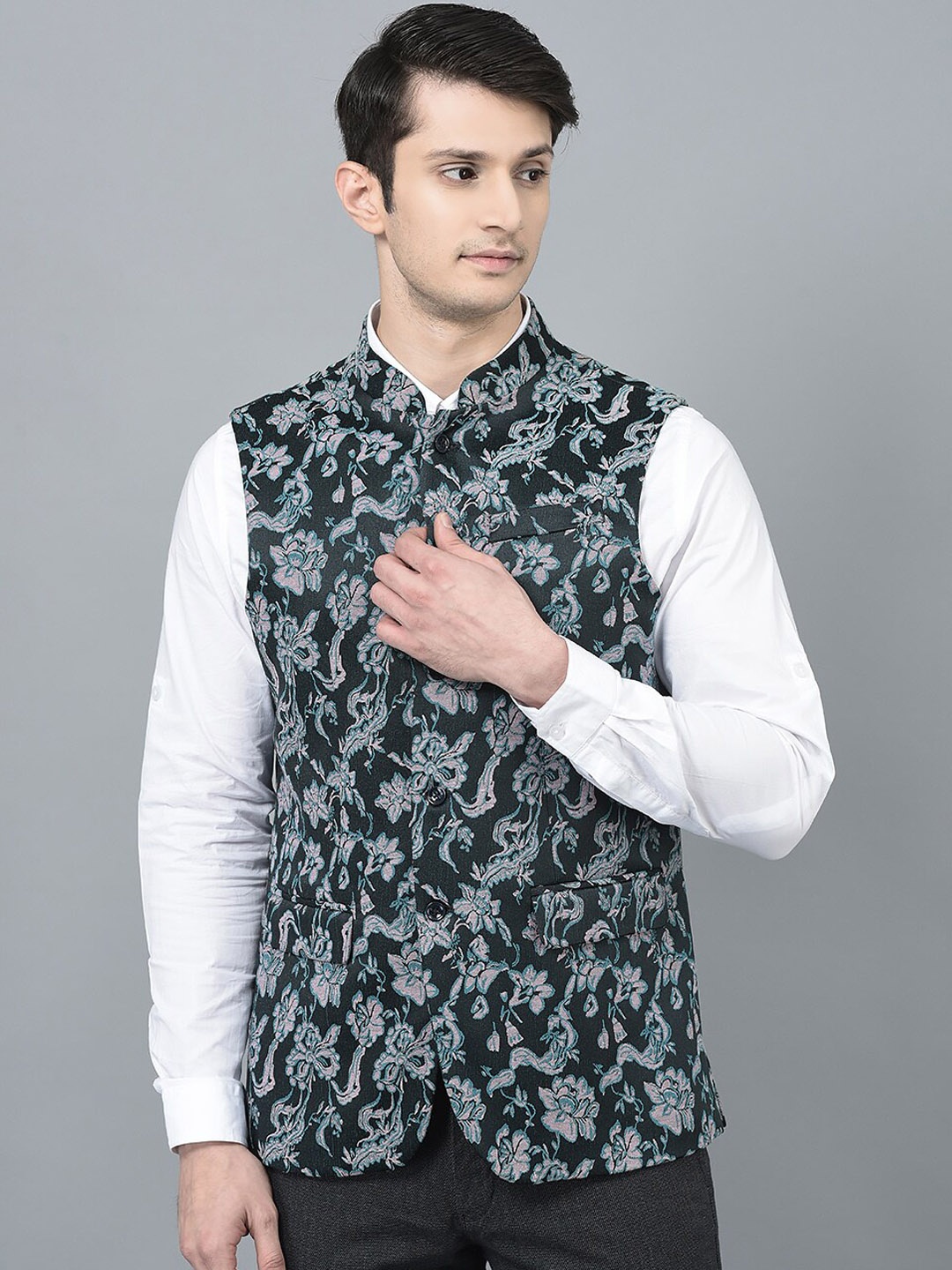 

CANOE Woven Design Formal Nehru Jacket, Navy blue