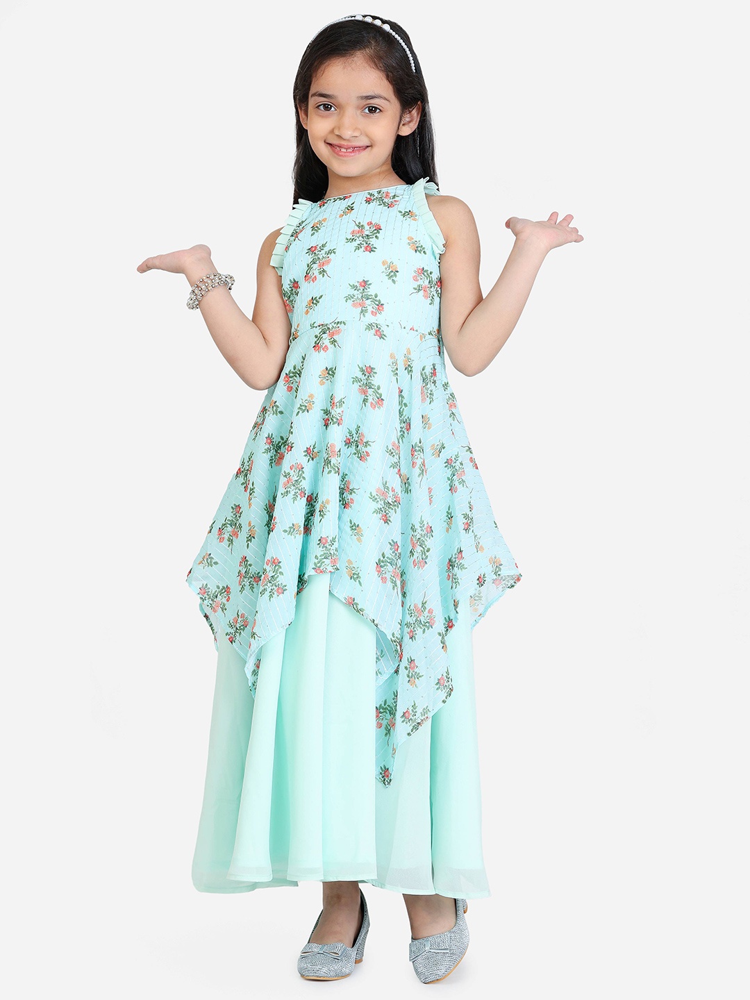 

Ethnovog Girls Floral Print Georgette Fit & Flare Maxi Dress, Green