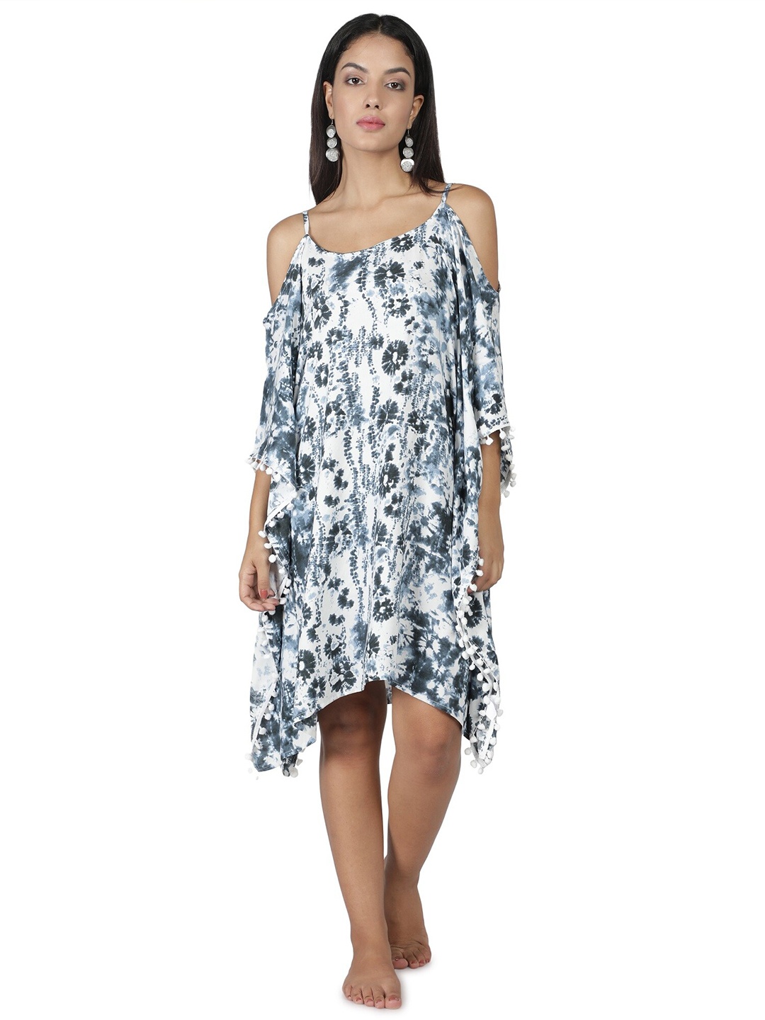 

NUEVOSDAMAS Print Cold-Shoulder Crepe A-Line Dress, White