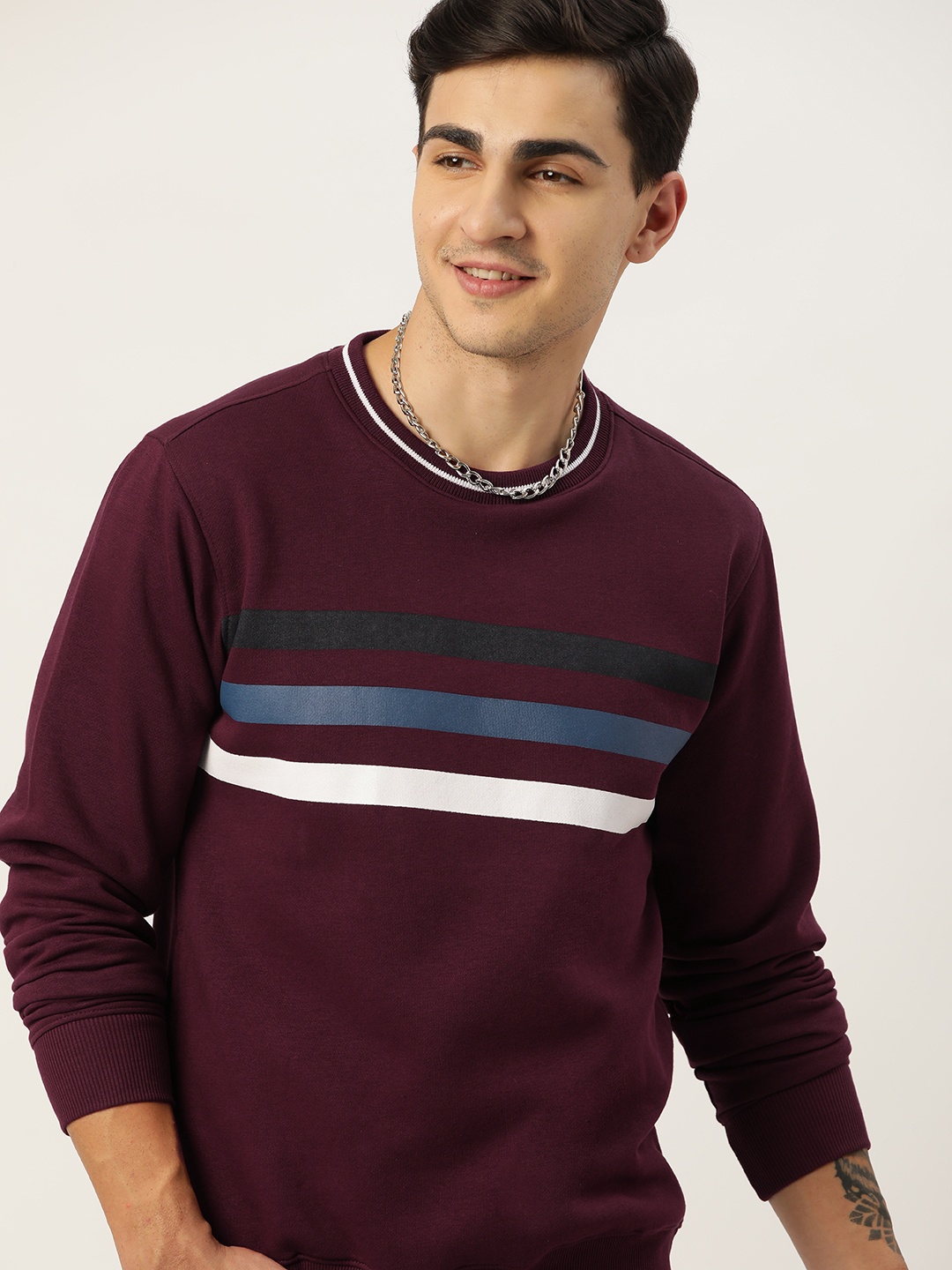 

Mast & Harbour Men Striped Sweatshirt, Maroon