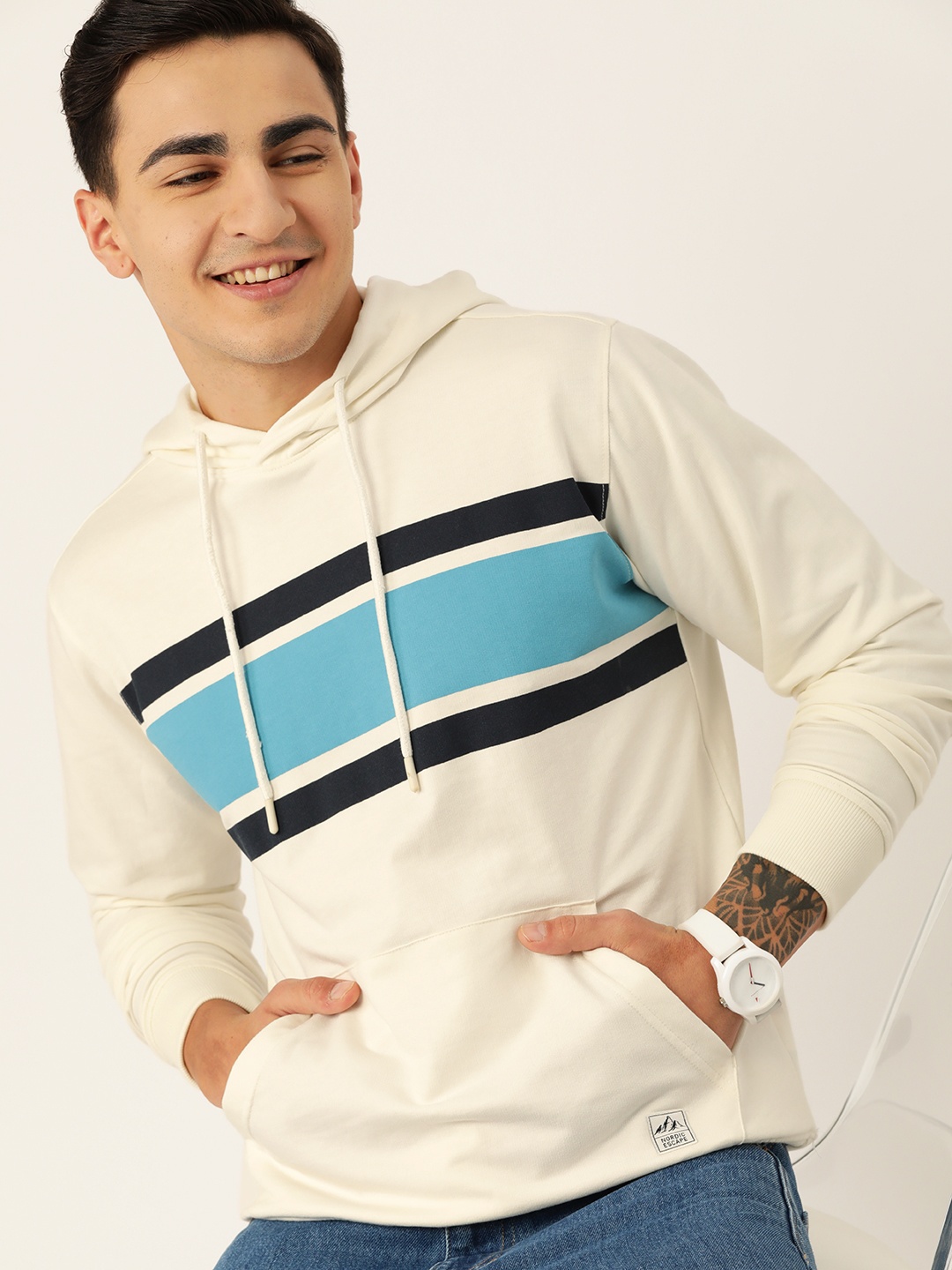 

Mast & Harbour Striped Hooded Sweatshirt, Cream