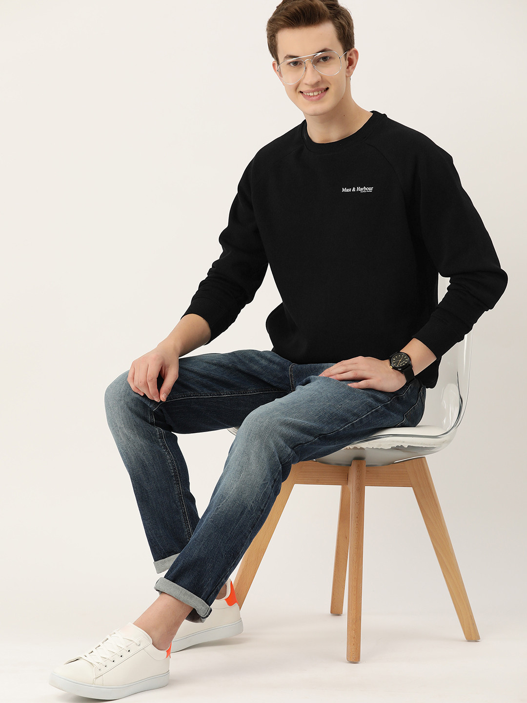 

Mast & Harbour Printed Detail Round Neck Sweatshirt, Black