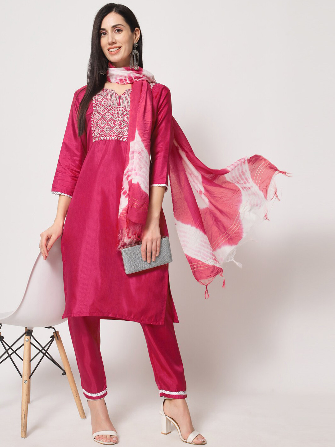 

KALINI Ethnic Motifs Yoke Desgin Thread Work Kurta with Trousers & Dupatta, Red