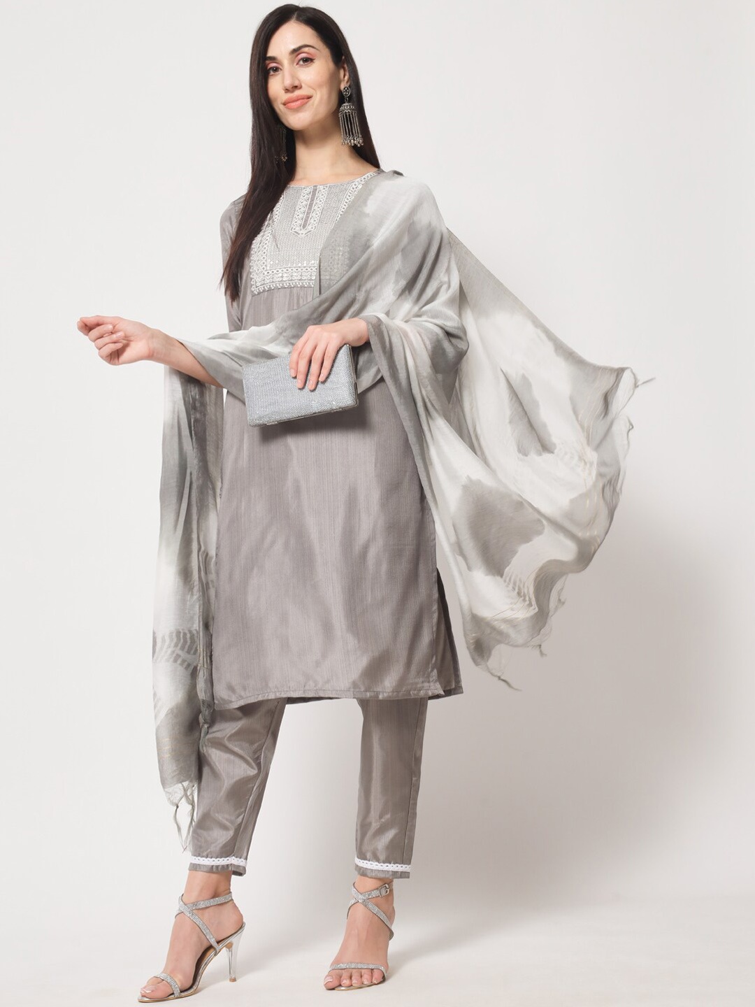 

KALINI Ethnic Motifs Embroidered Sequined Kurta with Trousers & Dupatta, Grey