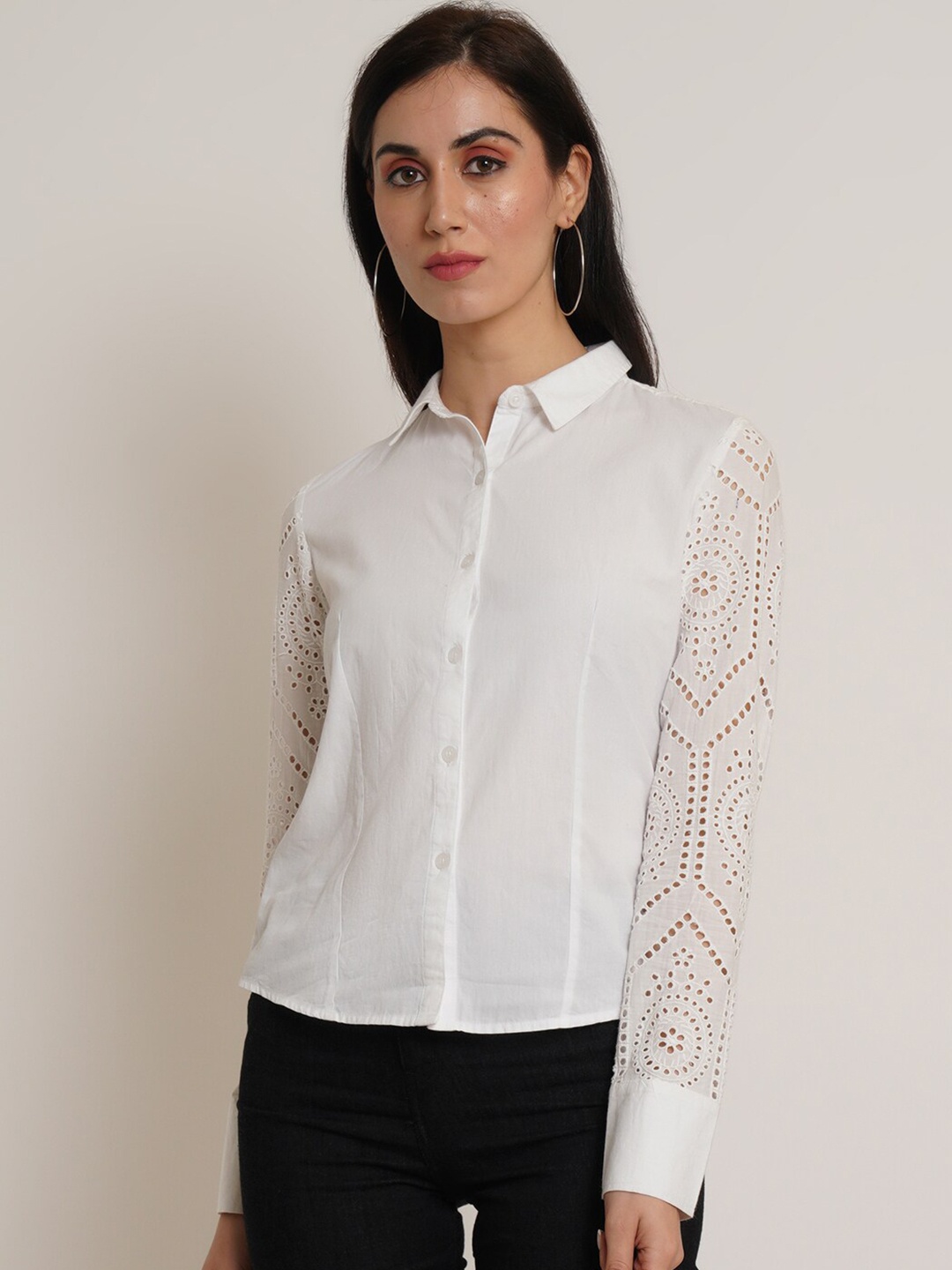 

IX IMPRESSION Classic Band Collar Schiffli Casual Shirt, White