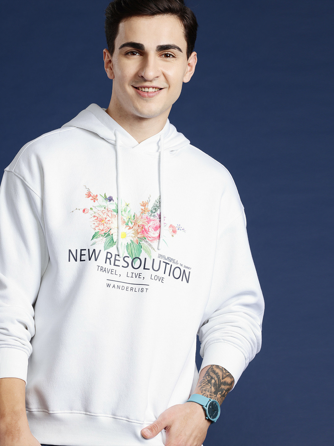 

Mast & Harbour Floral Printed Drop-Shoulder Sleeves Hooded Sweatshirt, White