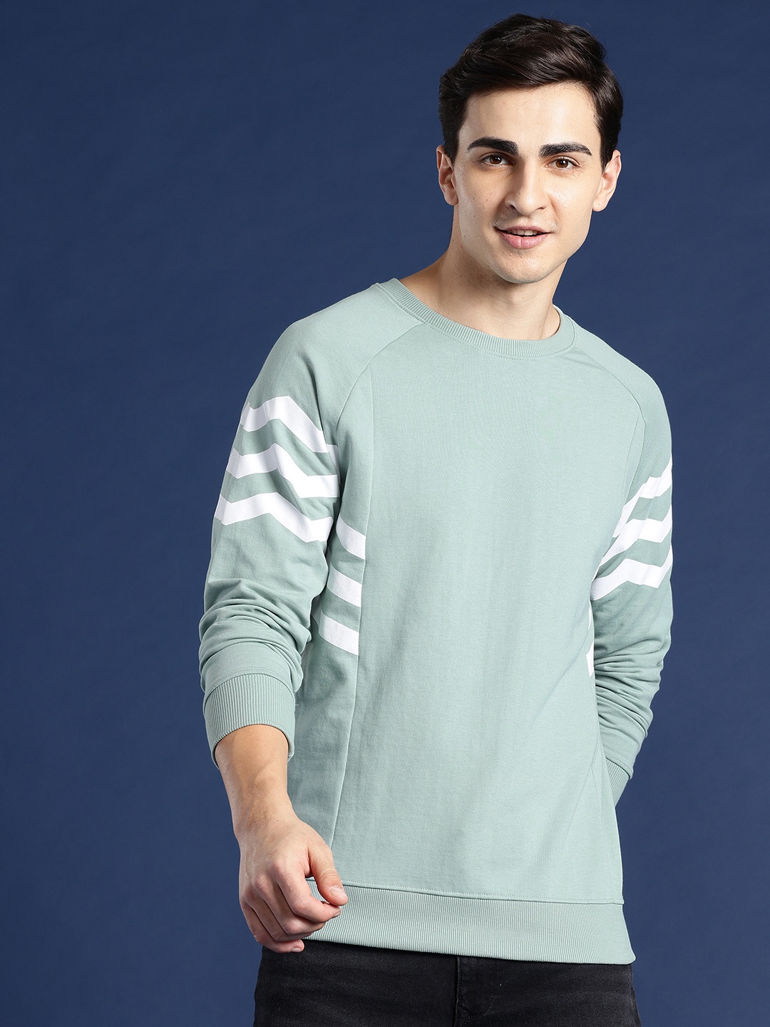 

Mast & Harbour Striped Detail Raglan Sleeves Sweatshirt, Green