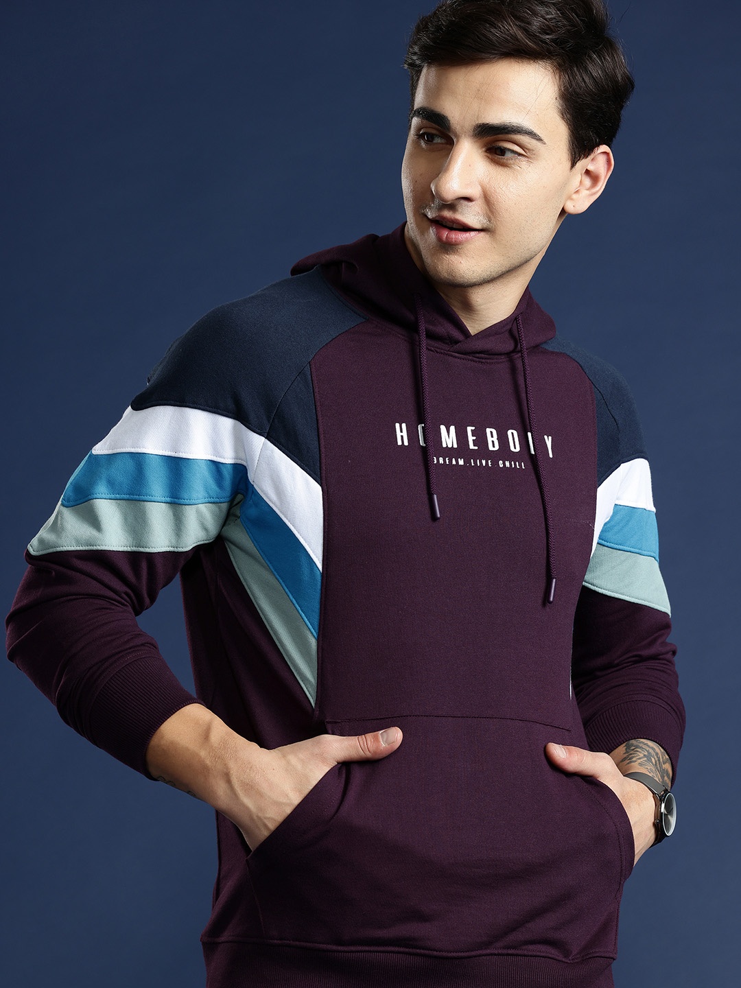 

Mast & Harbour Striped Detail Hooded Sweatshirt, Burgundy