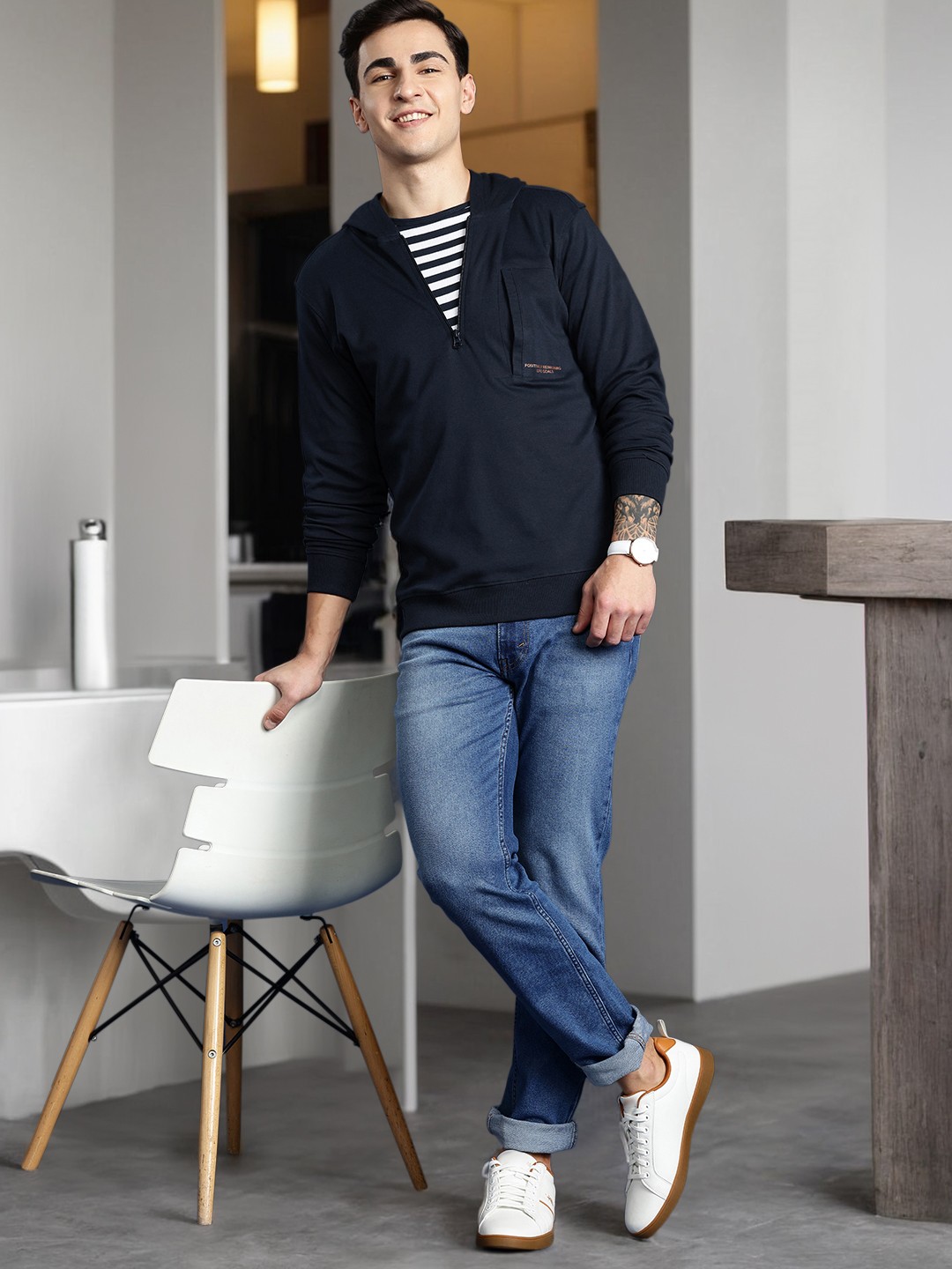

Mast & Harbour Half-Zipper Hooded Sweatshirt, Navy blue
