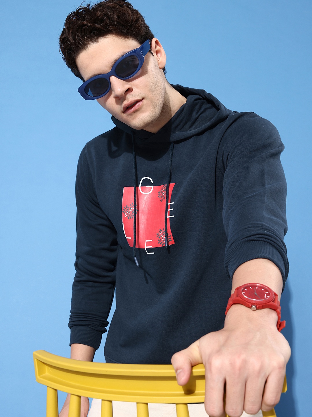 

Mast & Harbour Printed Long Sleeves Hooded Sweatshirt, Navy blue