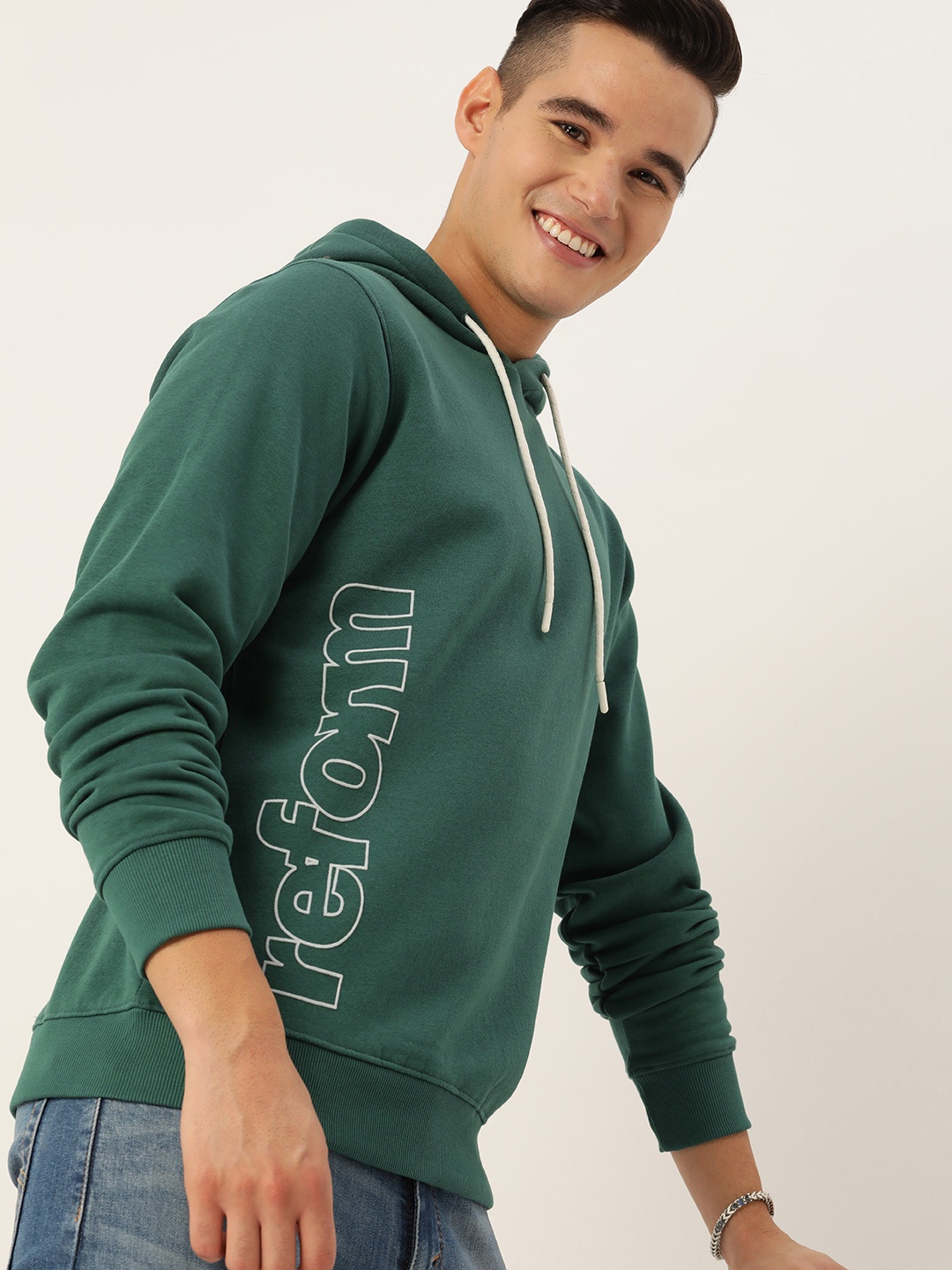 

Mast & Harbour Typography Self Design Hooded Sweatshirt, Green