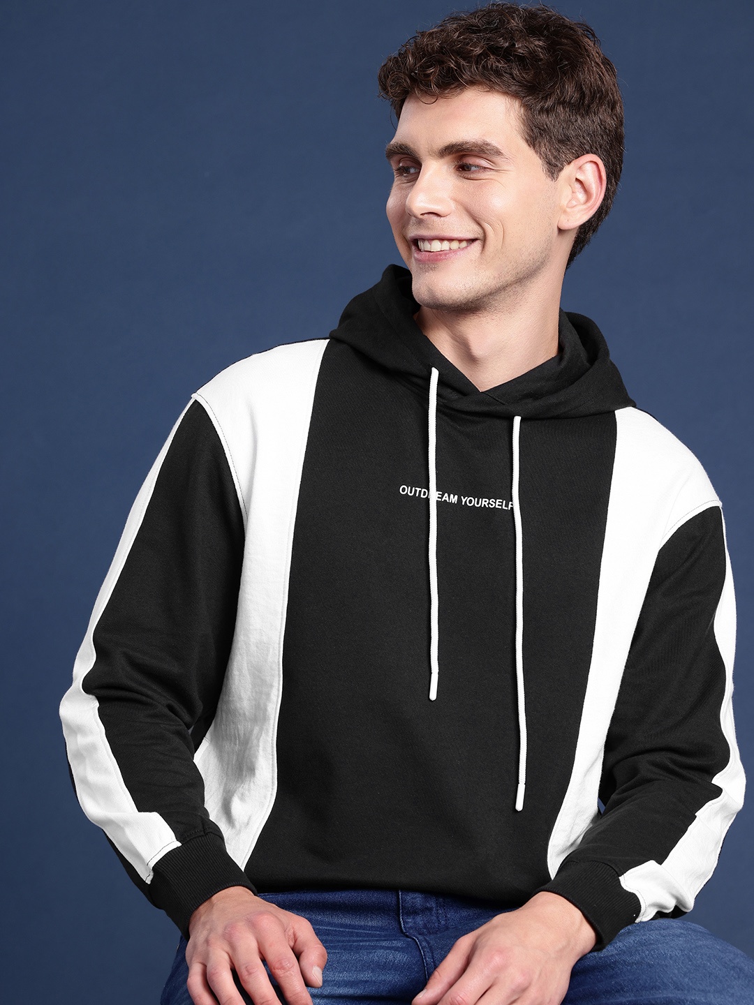 

Mast & Harbour Colourblocked & Printed Hooded Pullover Sweatshirt, Black