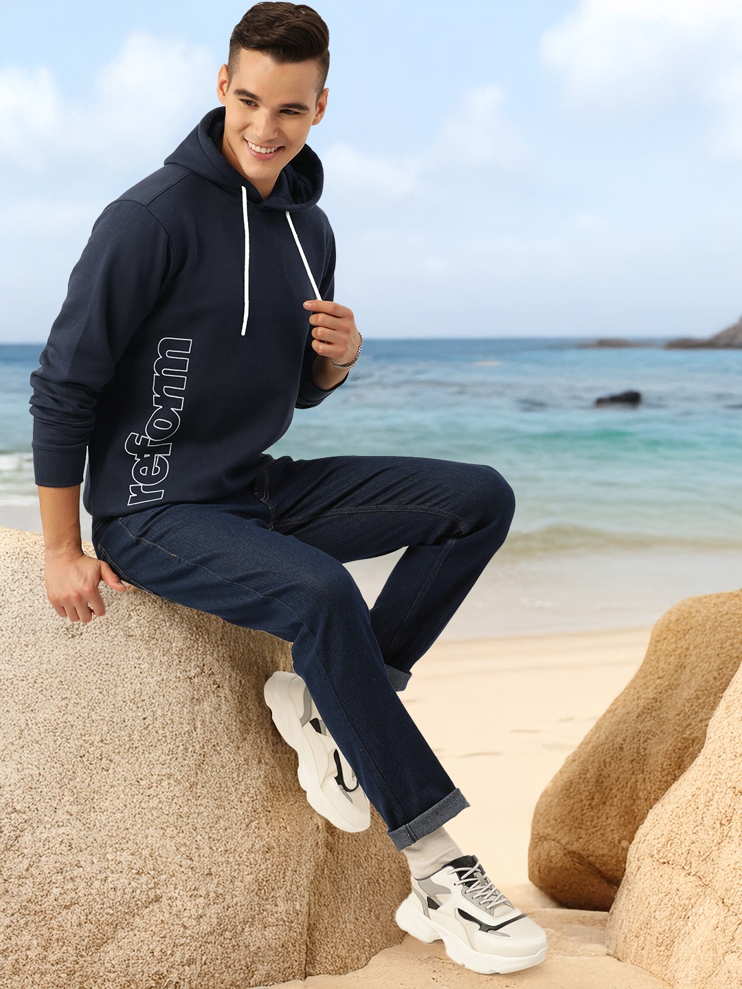 

Mast & Harbour Typography Self Design Hooded Sweatshirt, Navy blue
