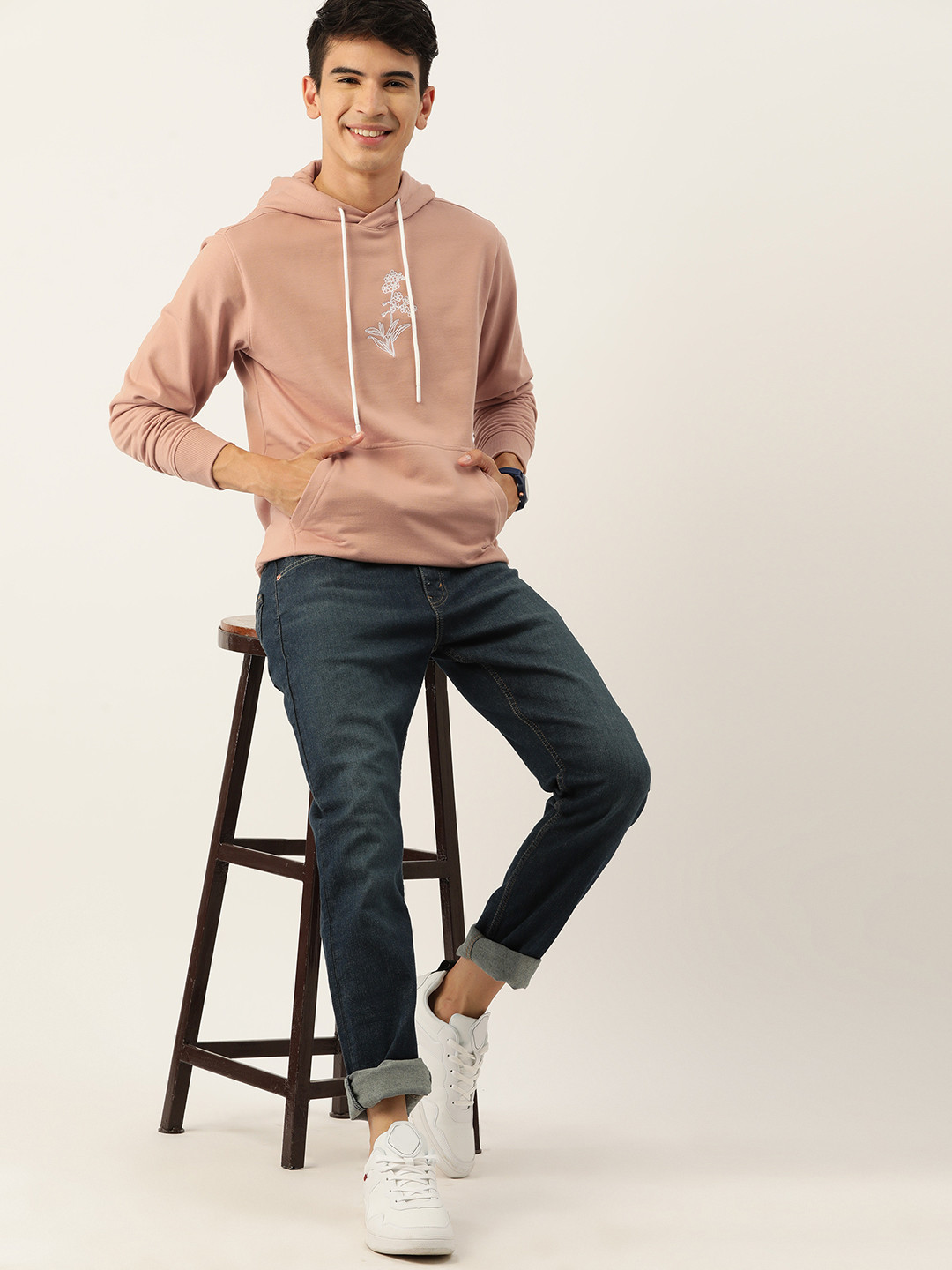 

Mast & Harbour Men Embroidered Hooded Sweatshirt, Peach
