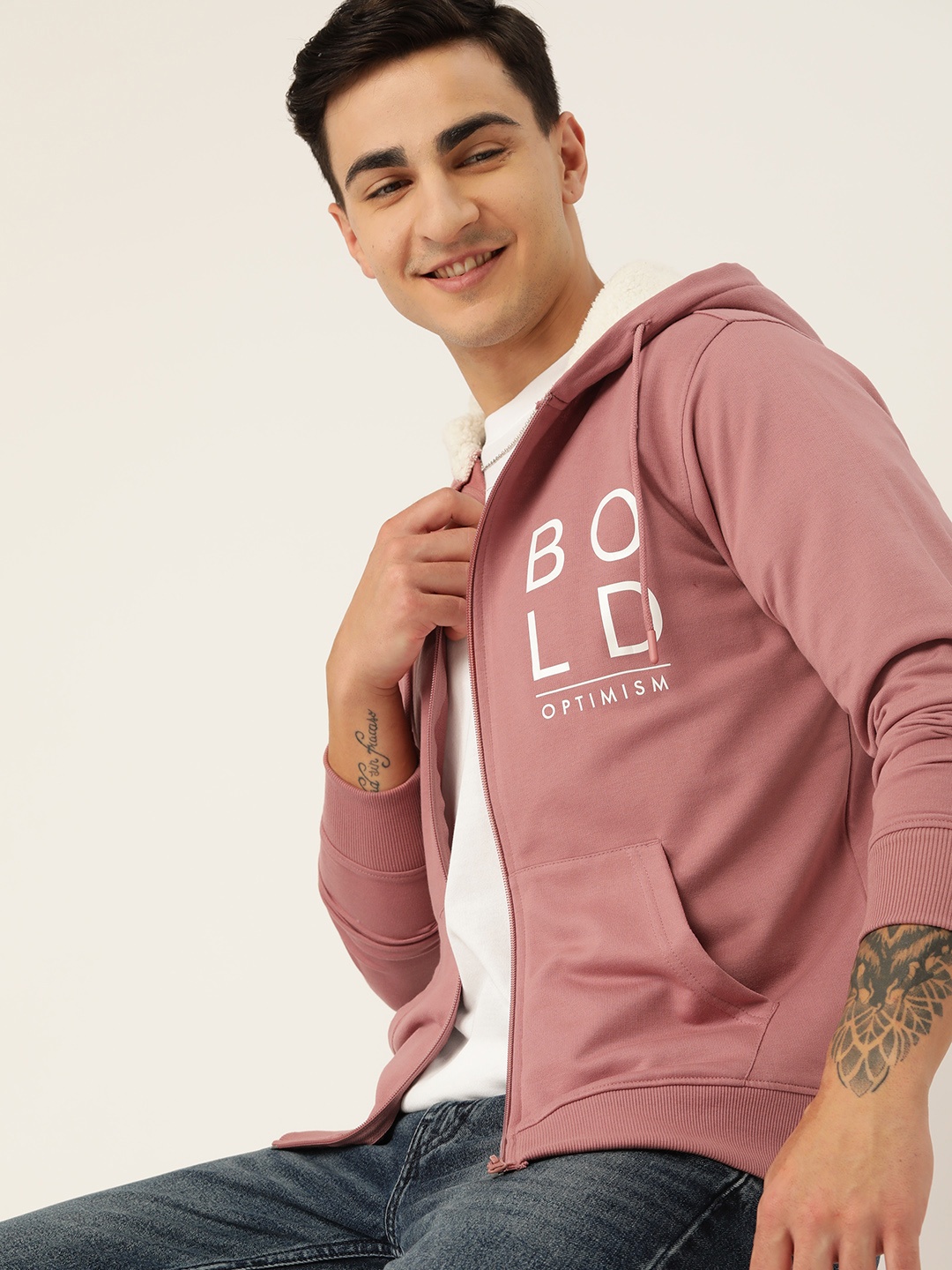 

Mast & Harbour Printed Hooded Front-Open Sweatshirt, Pink
