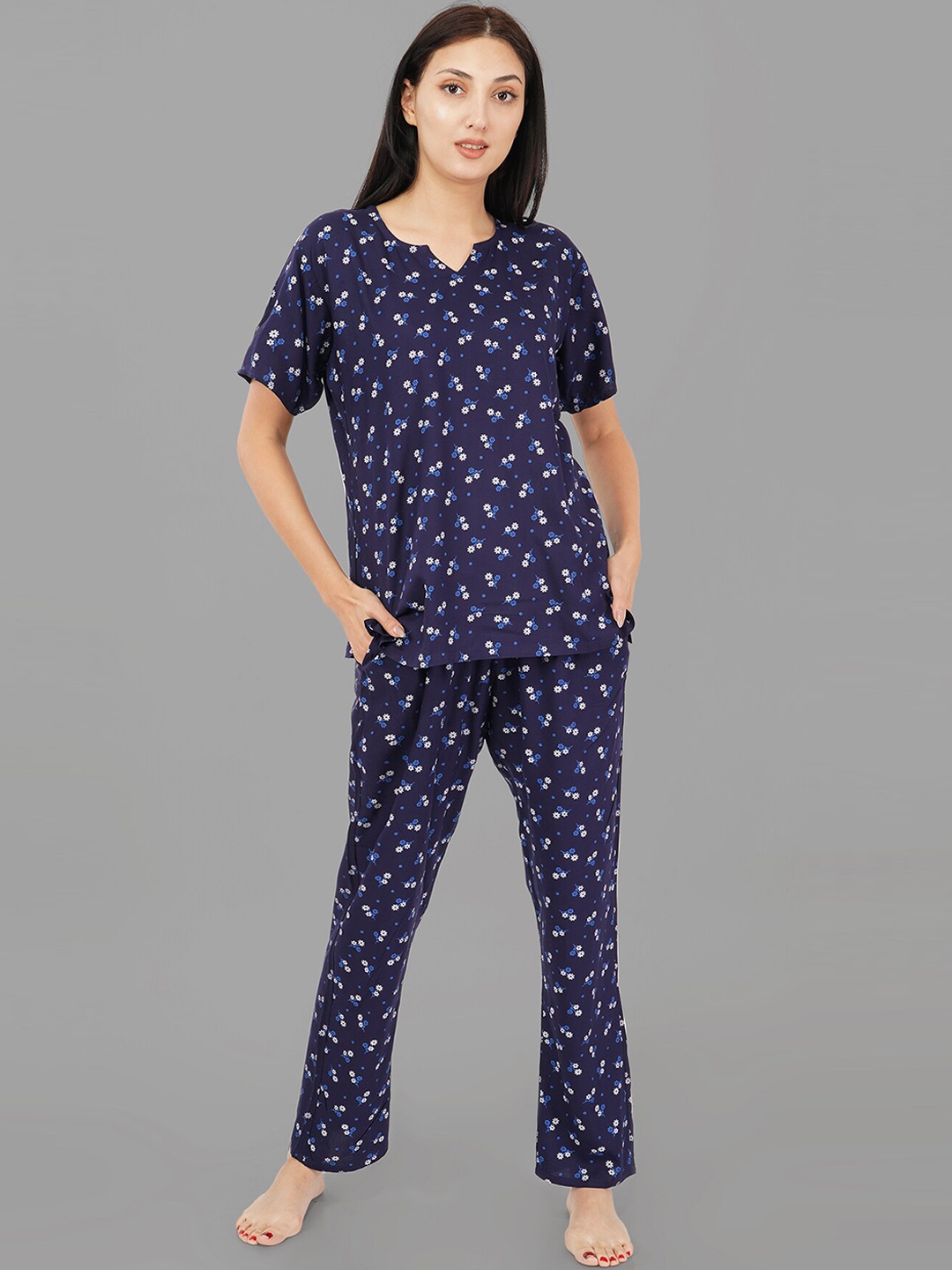 

Noty Floral Printed Night Suit, Navy blue