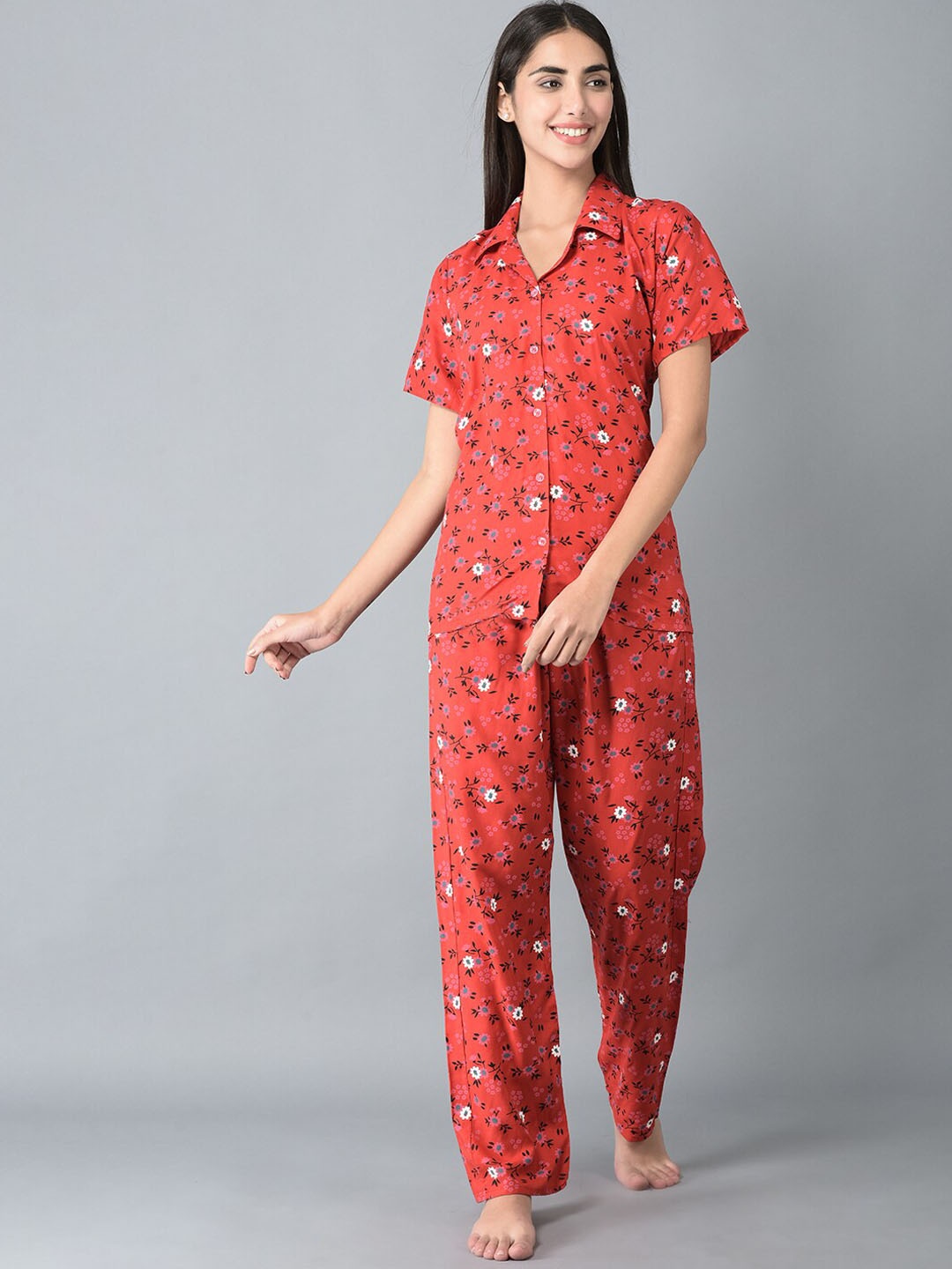 

Noty Floral Printed Night Suit, Red