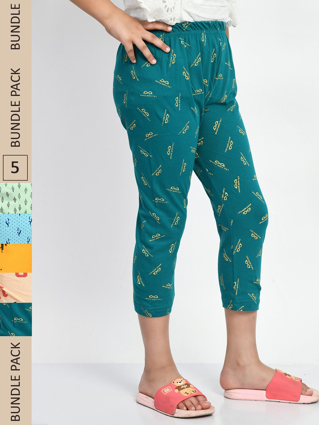 

BAESD Girls Pack Of 5 Conversational Printed Pure Cotton Capris, Blue