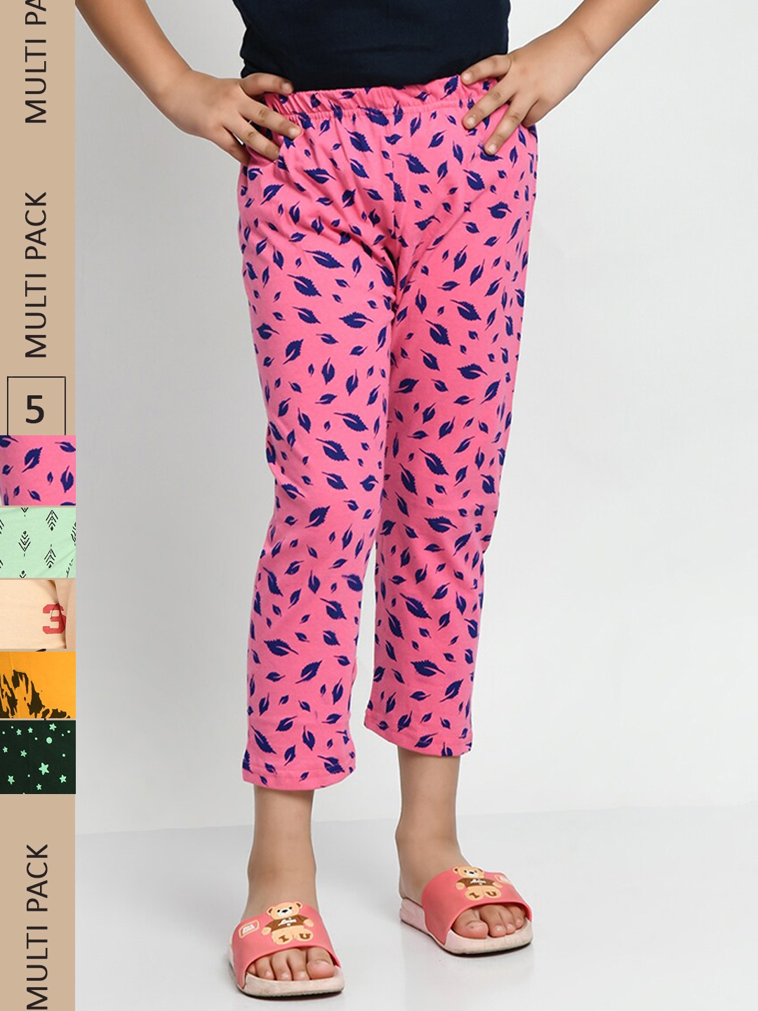 

BAESD Girls Pack Of 5 Conversational Printed High Rise Pure Cotton Capris, Pink