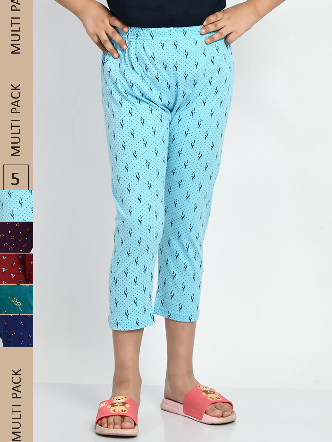 

BAESD Girls Pack Of 5 Conversational Printed Pure Cotton Capris, Blue